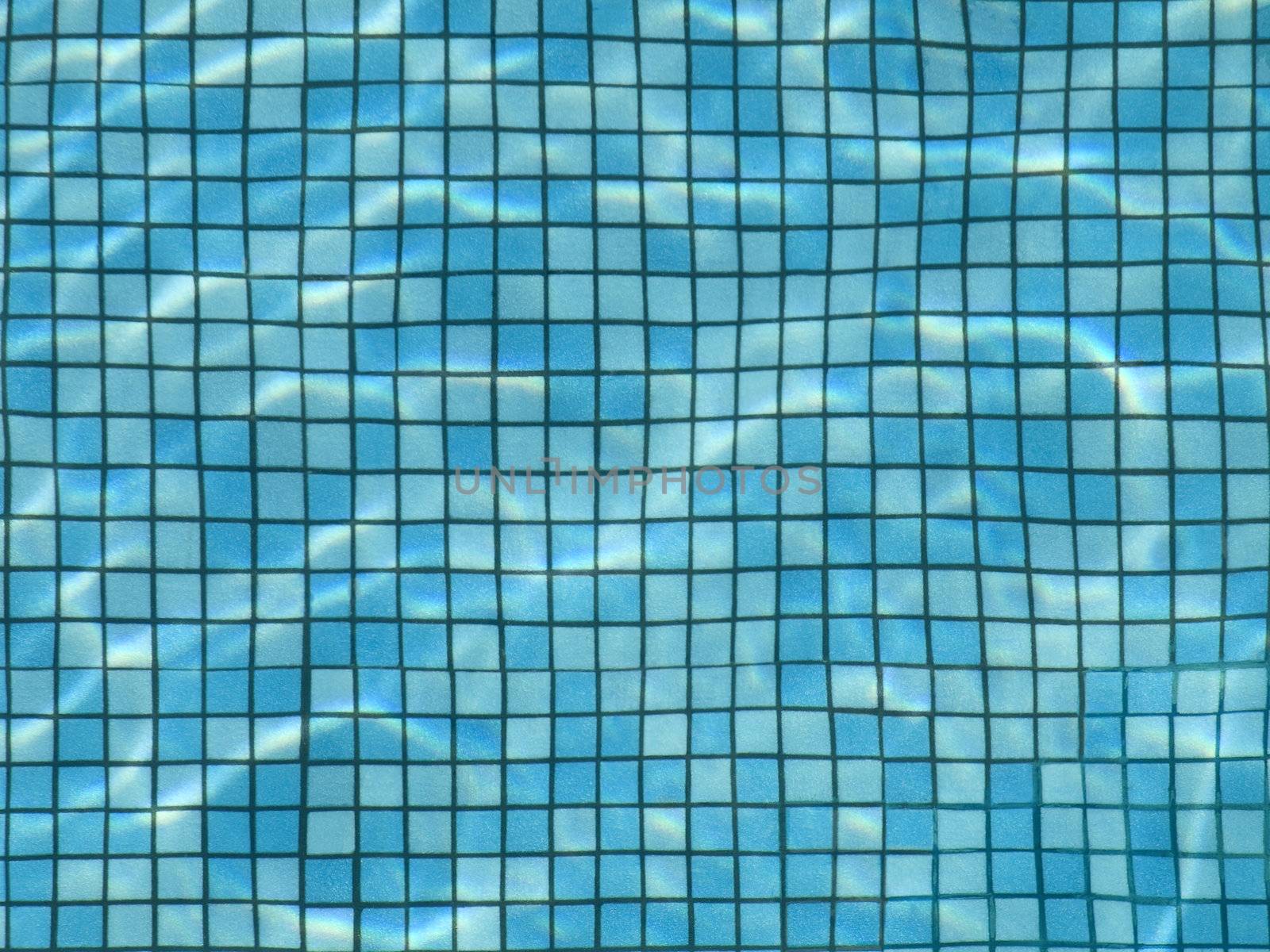 The bottom of a pool view from above through the water.