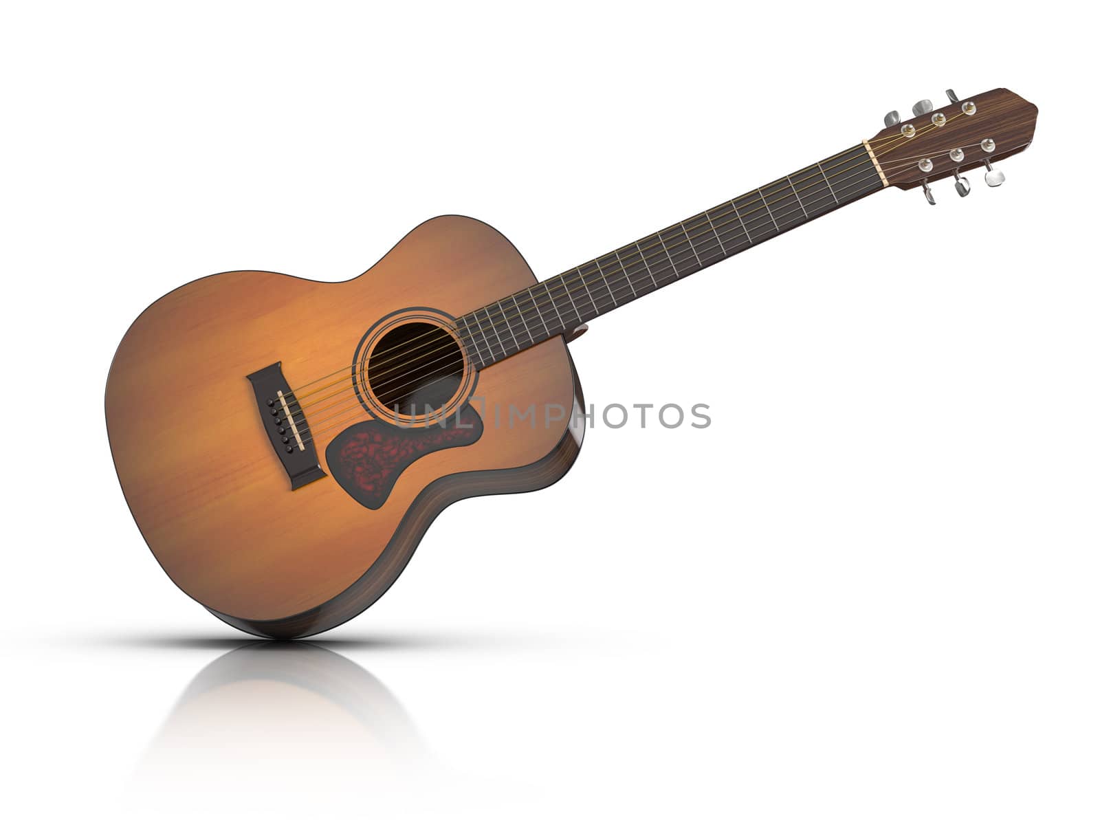 3D rendered acoustic guitar with reflection on white ground.