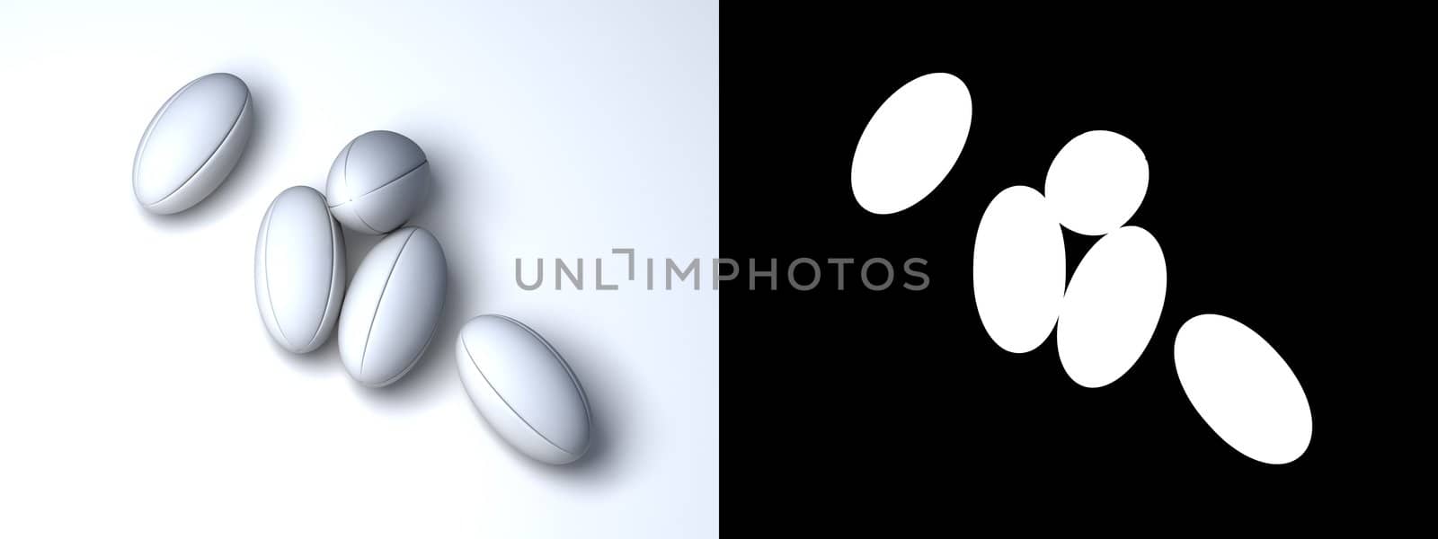 Five white rugby balls without any brand on a white background and with alpha channel
