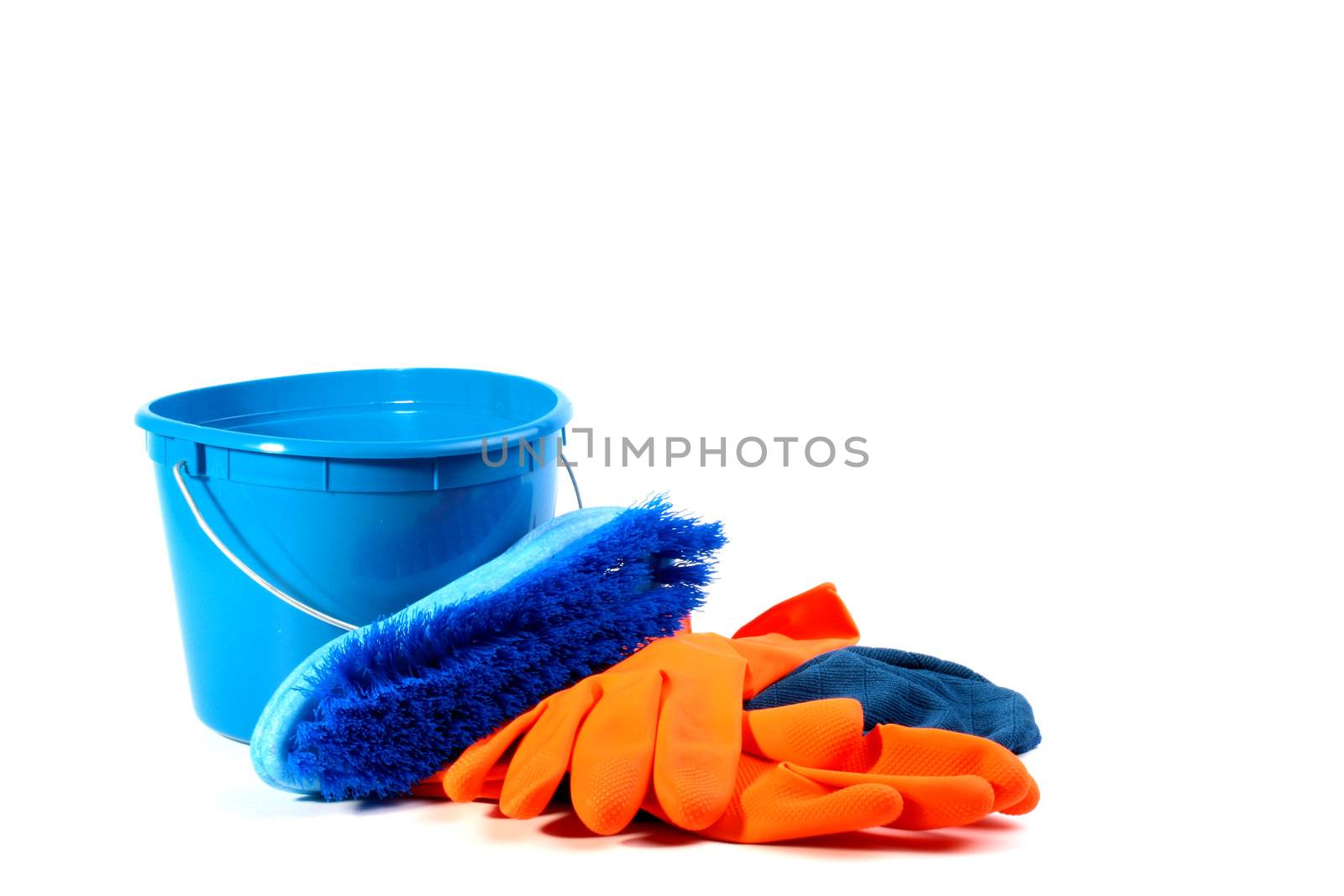Dark blue a plastic bucket, a brush and a rag with brightly orange rubber gloves. A set for cleaning at office and houses.