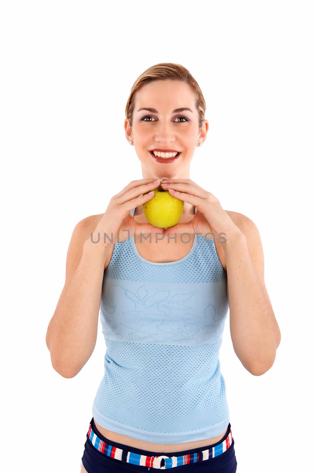 Lady with apple isolated on white background