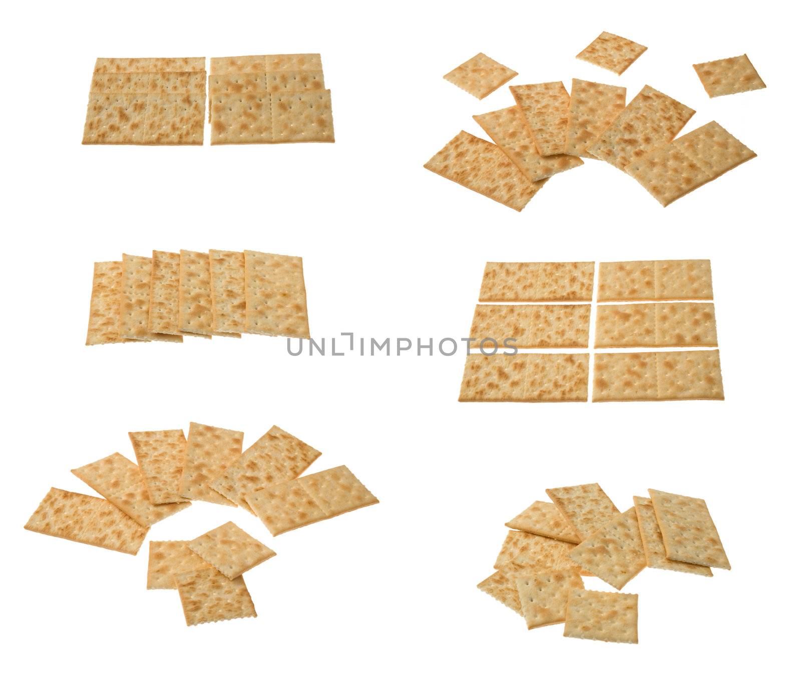 Six groups of crackers isolated over white background.