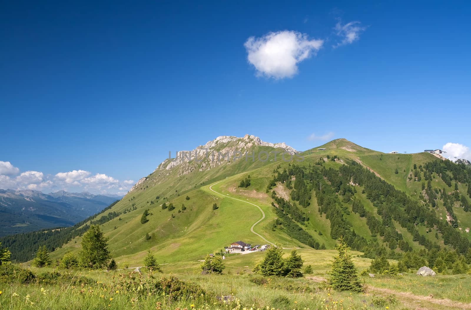 summer view of Lusia pass, in val di Fassa, Italian dolomites. Photo taken with polarized filter