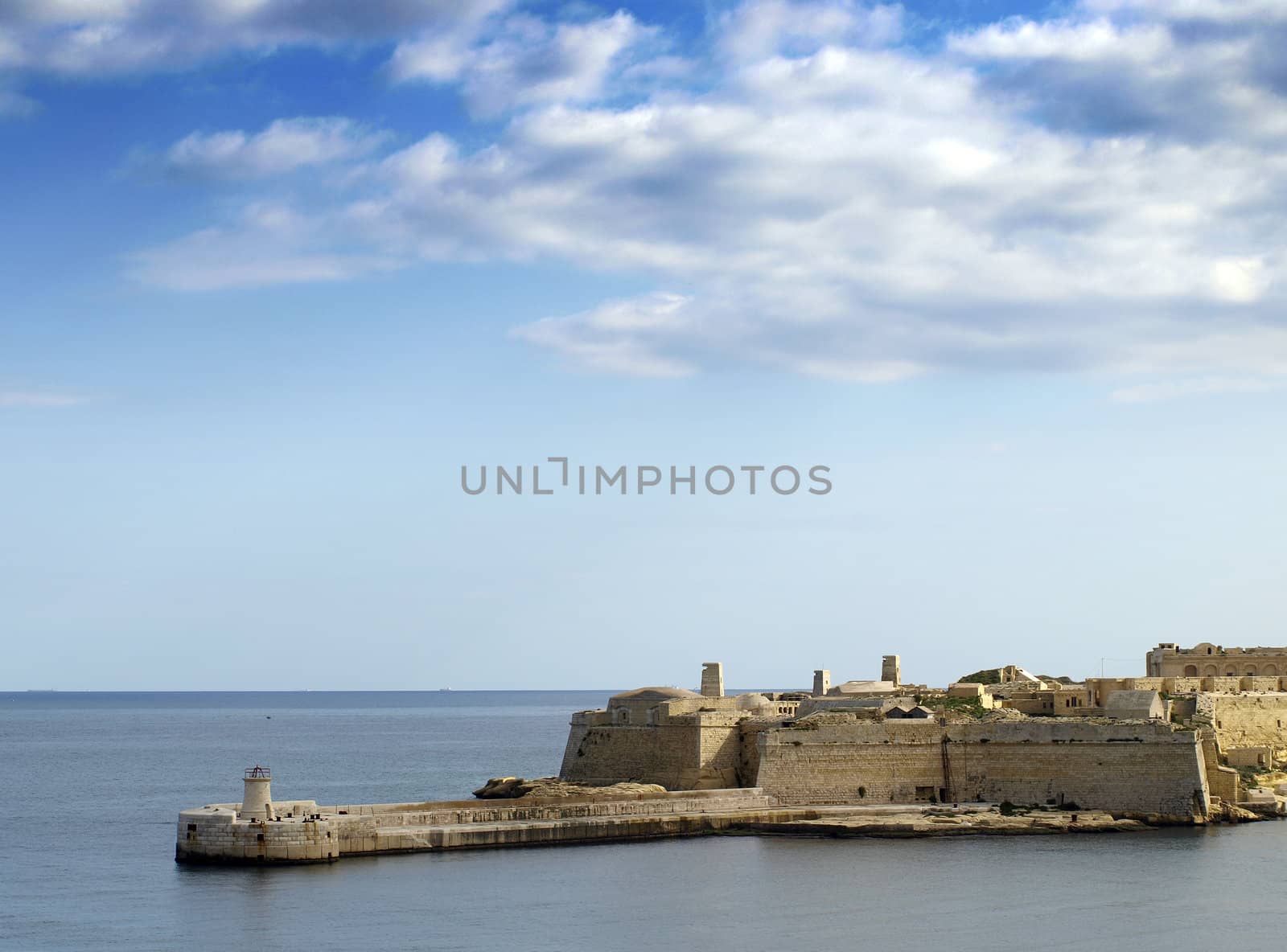 Entrance to the famous Grand Harbour in Malta, surrounded by medieval bastions and gun turrets
