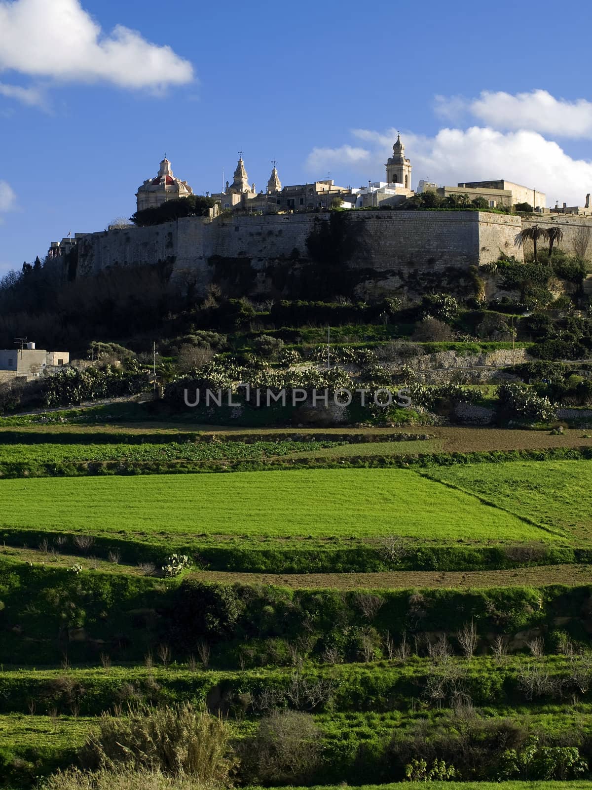 The dome of the medieval cathedral overlooking the bastions of the old city of Malta, Mdina.