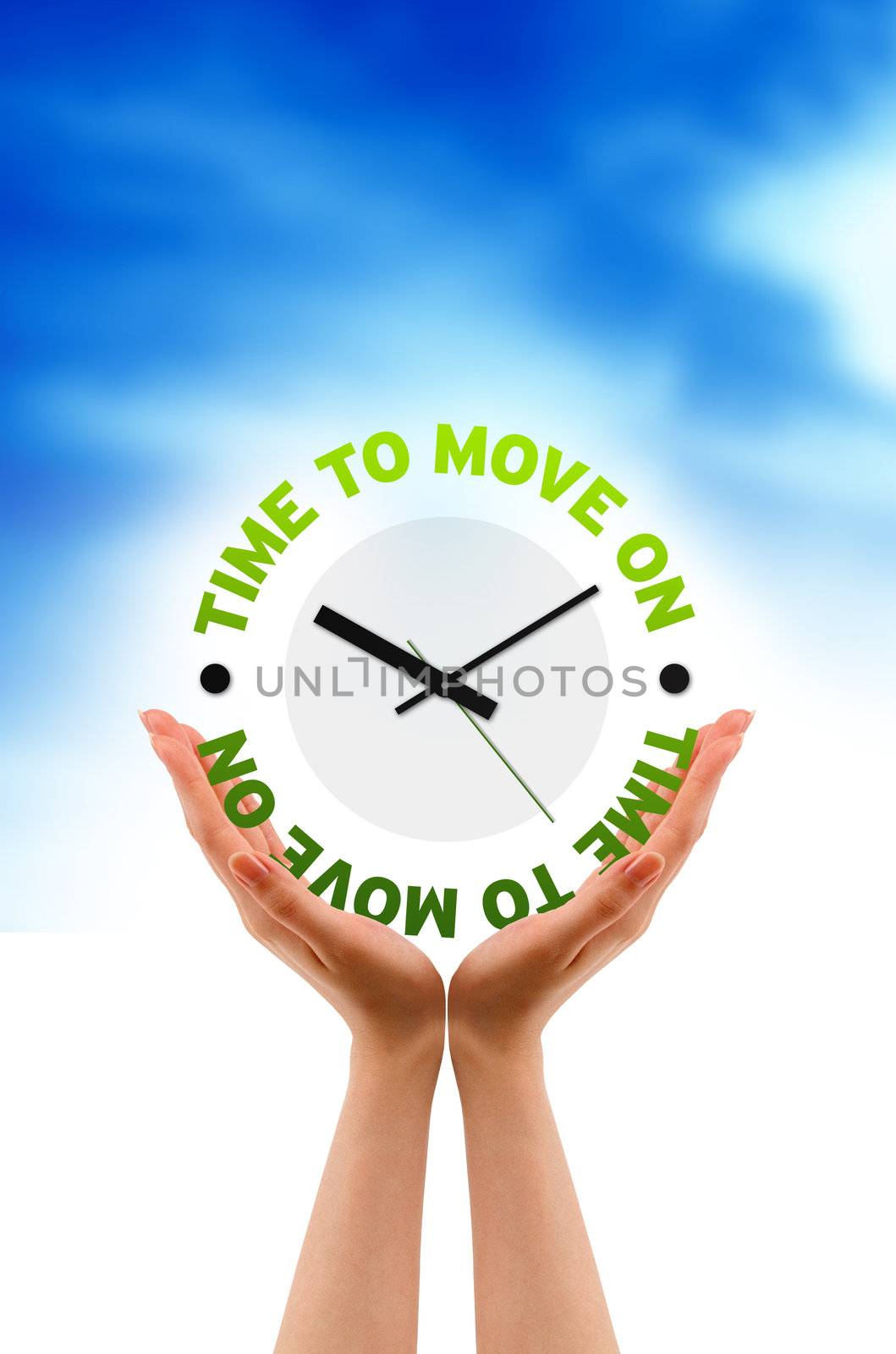 High resolution graphic of hands holding time to move on clock.