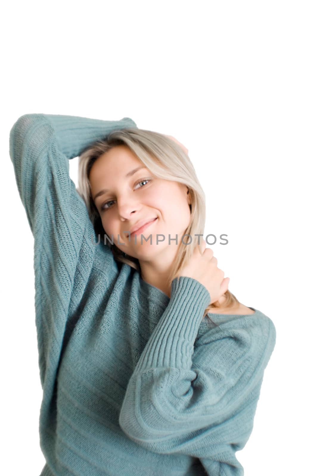 Joyful funny girl over white background