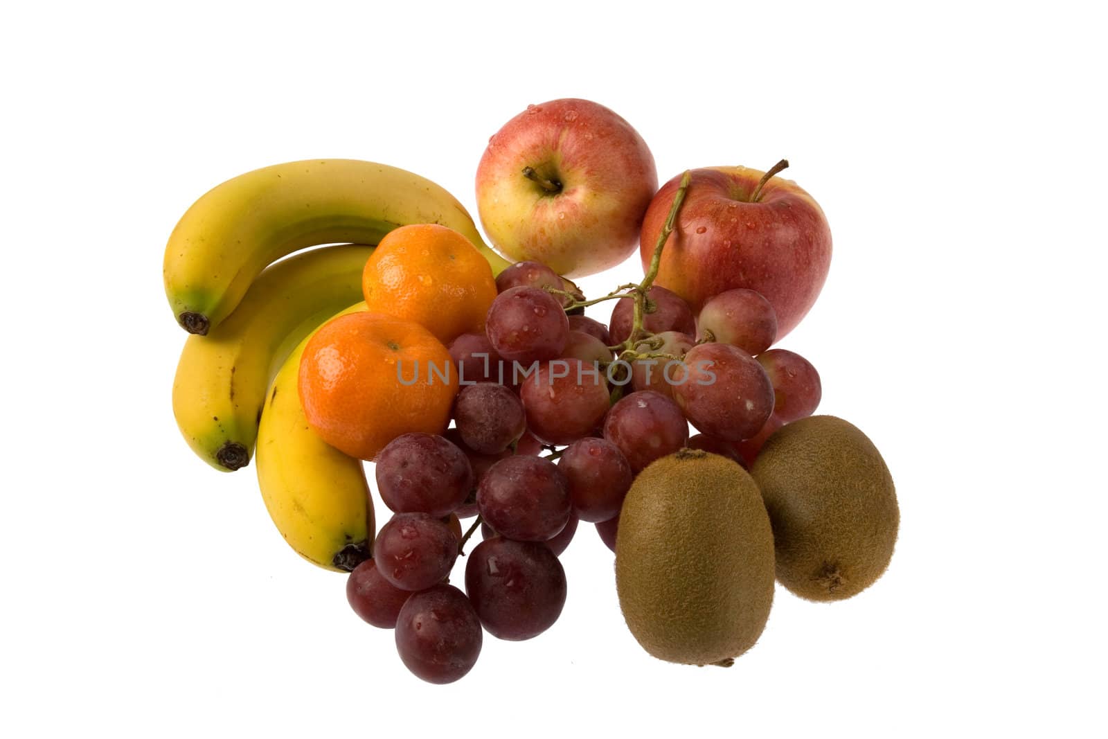 Bananas, tangerines, grapes, apples and kiwis isolated against a white background