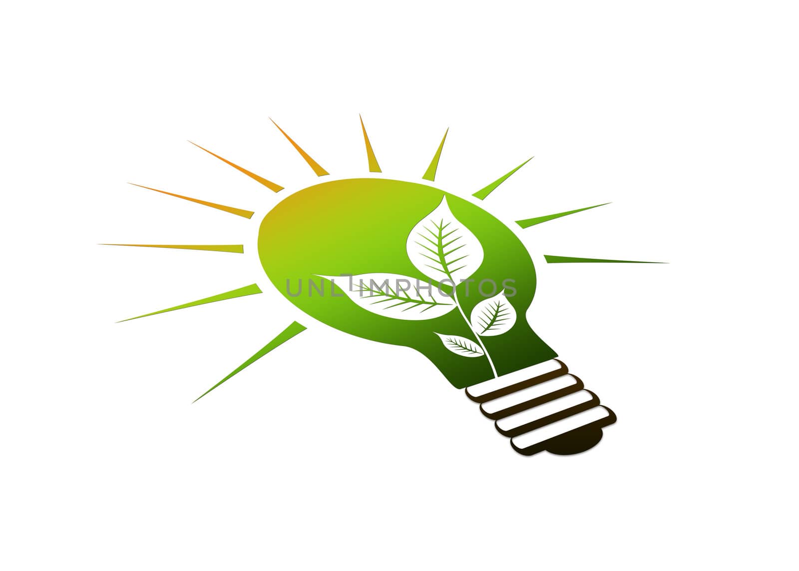High resolution perspective graphic of a glowing eco light bulb with leaves.