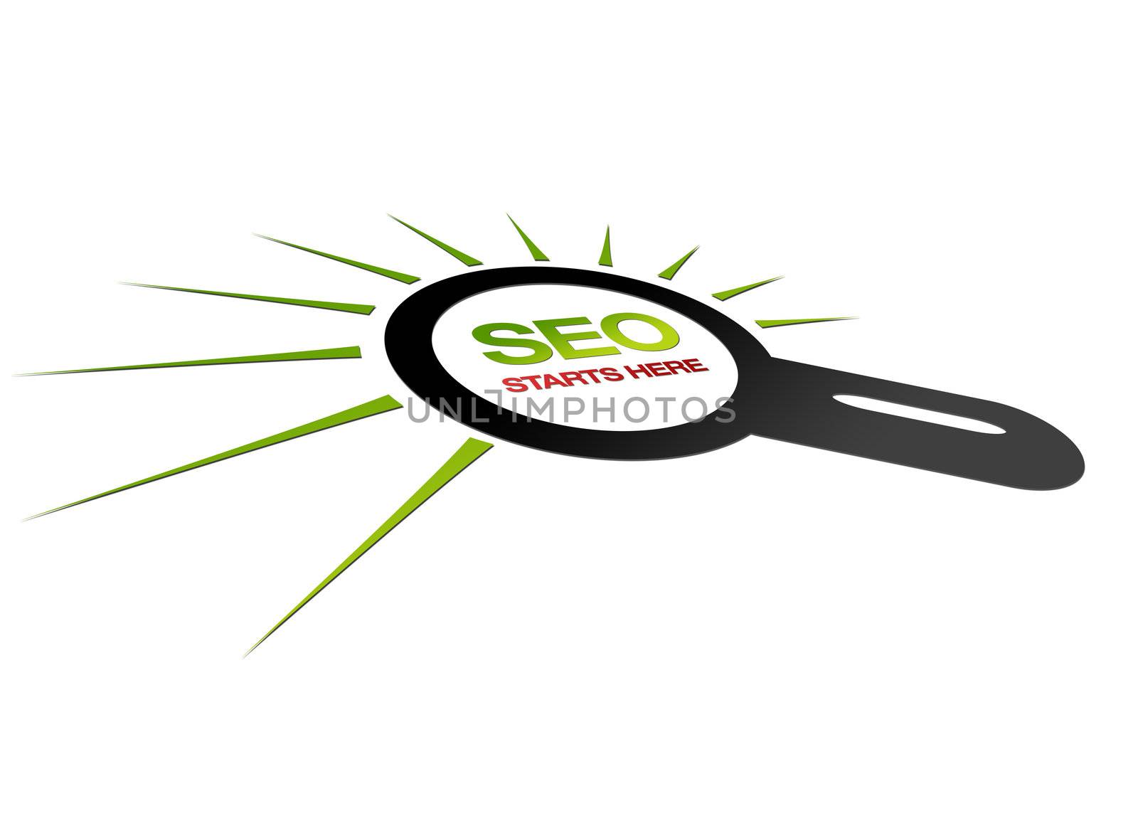 High resolution perspective graphic of a Magnifying Glass with the words SEO starts here
