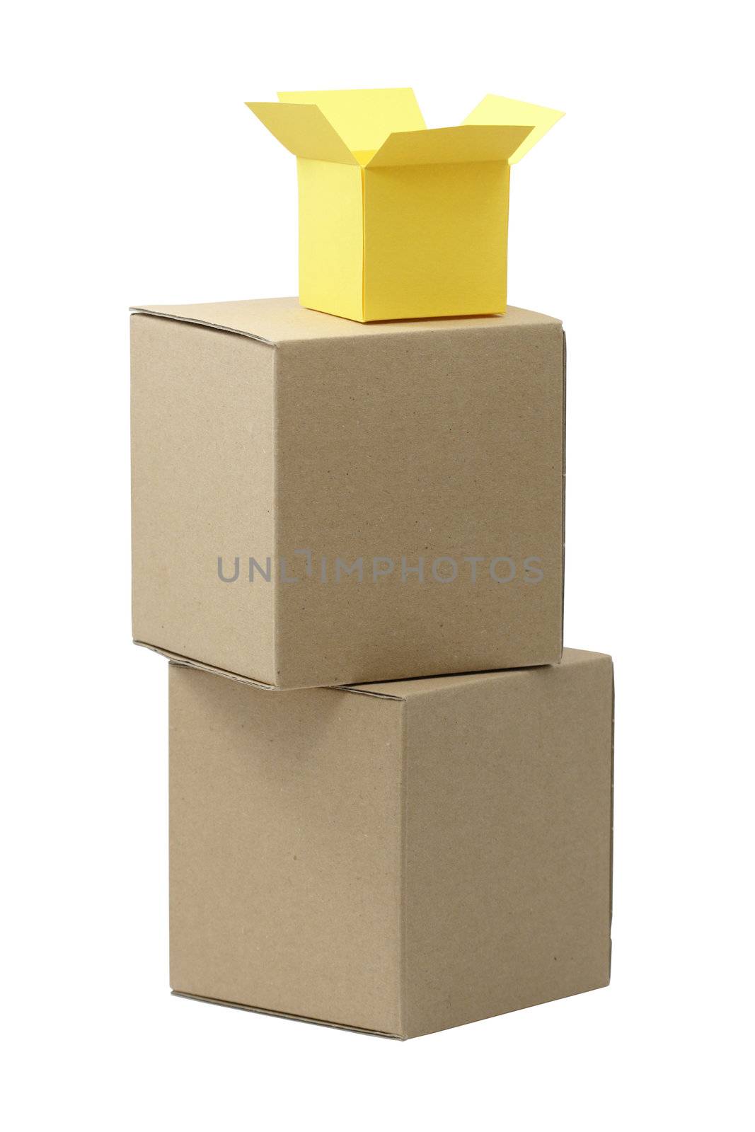 One small open box standing on two big carton boxes. Isolated on white with clipping path