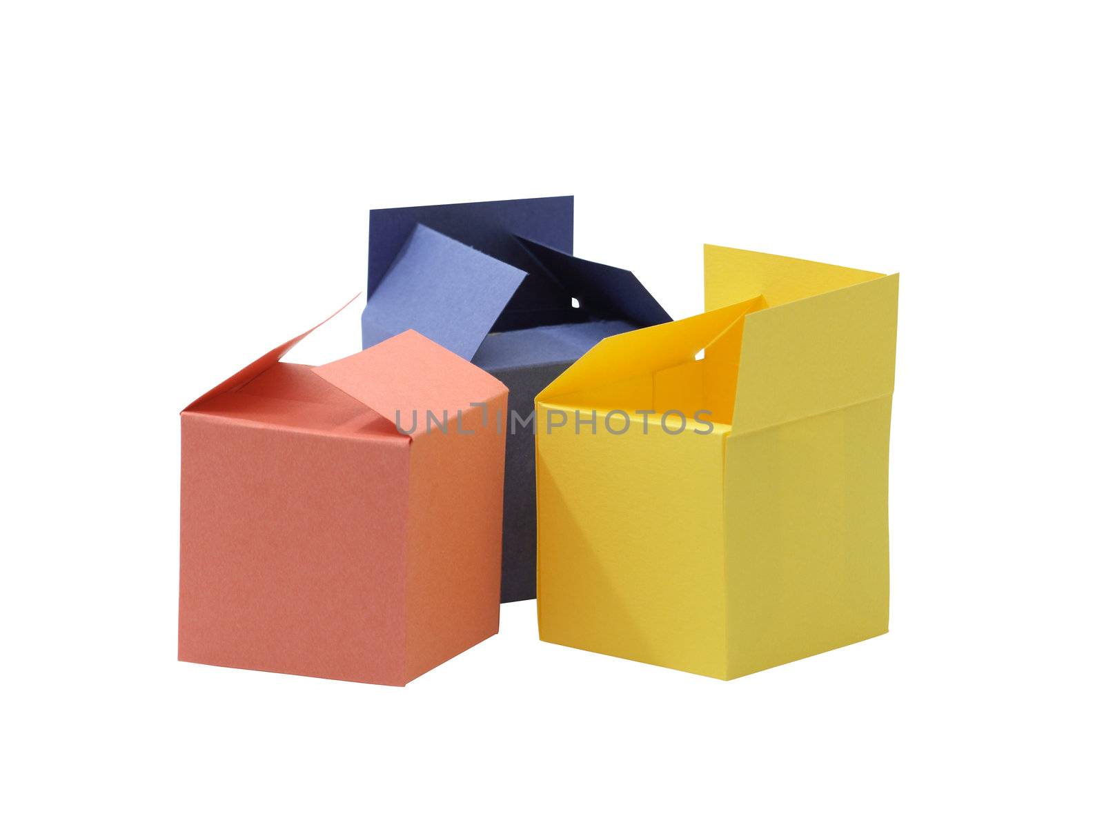 Three colored paper boxes on white background isolated with clipping path