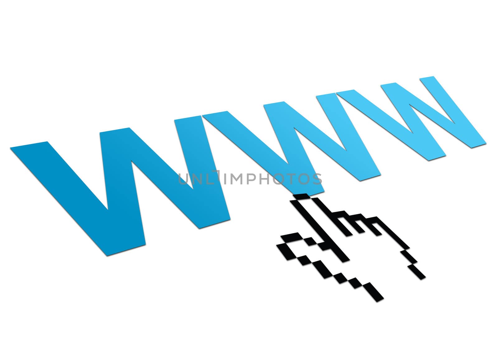 High resolution perspective graphic of a www sign with hand cursor.