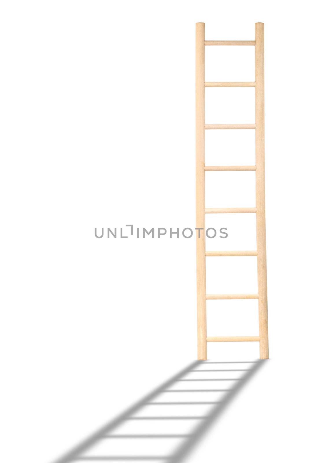 Wooden ladder with shadow standing on white background. Isolated with clipping path