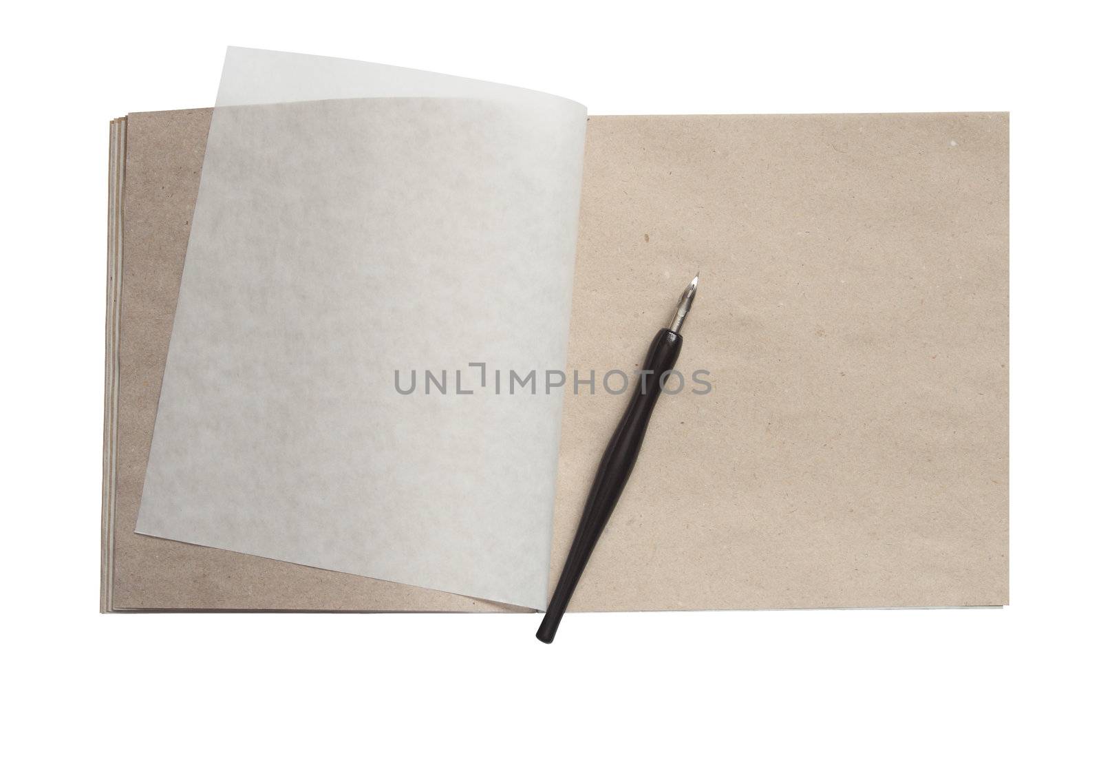 Open sketchbook with blank page and old fountain pen isolated on white with clipping path