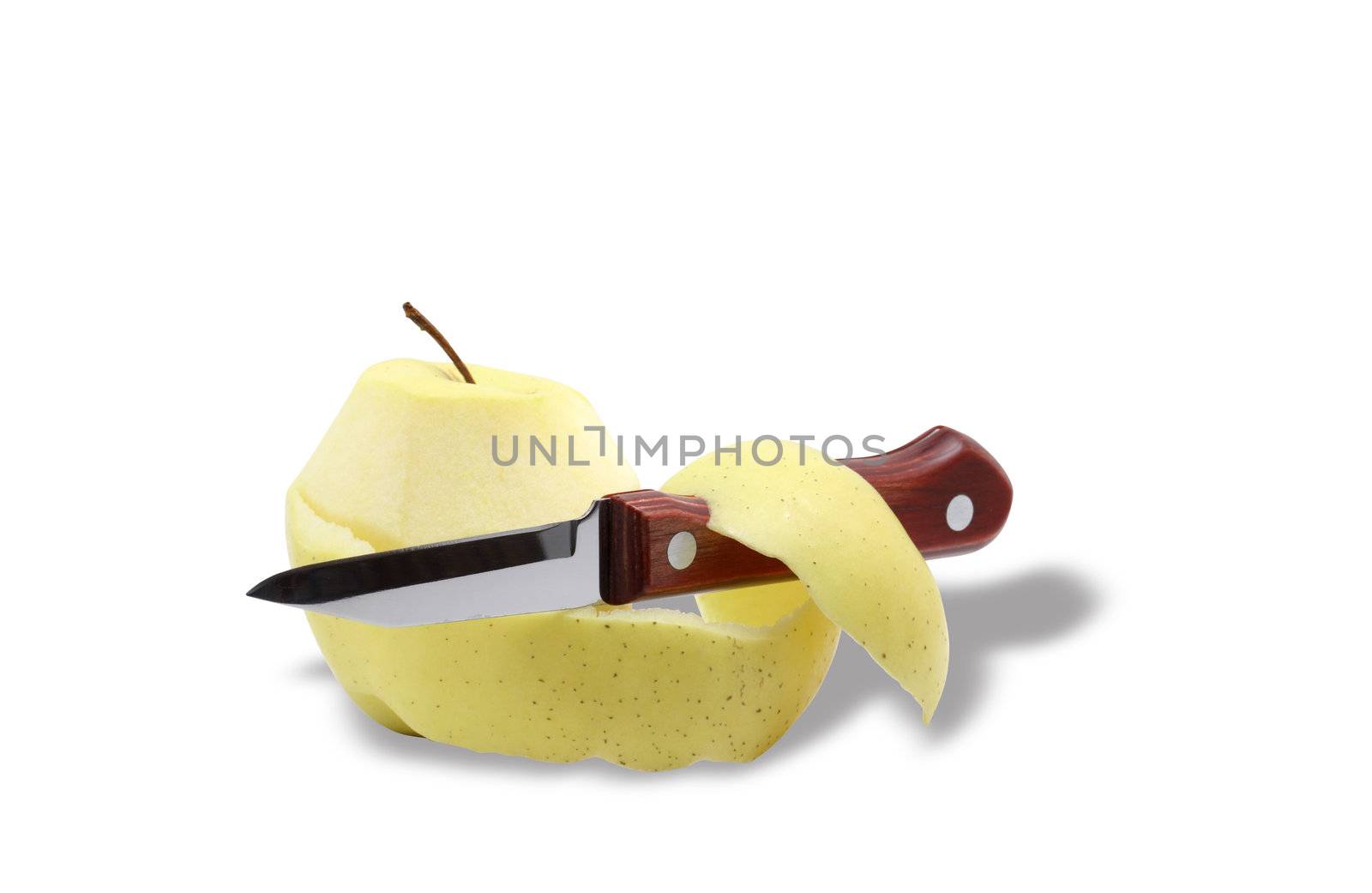 Apple peeled and knife isolated on white background with clipping path