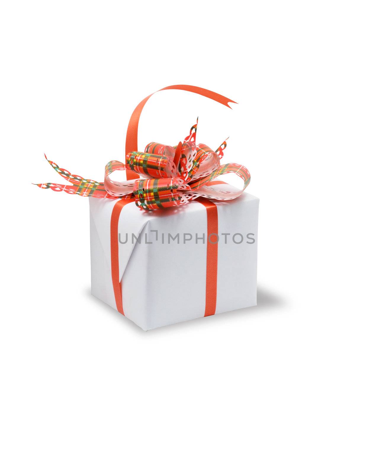 A white box tied with a colored ribbon bow. Isolated on white with clipping path