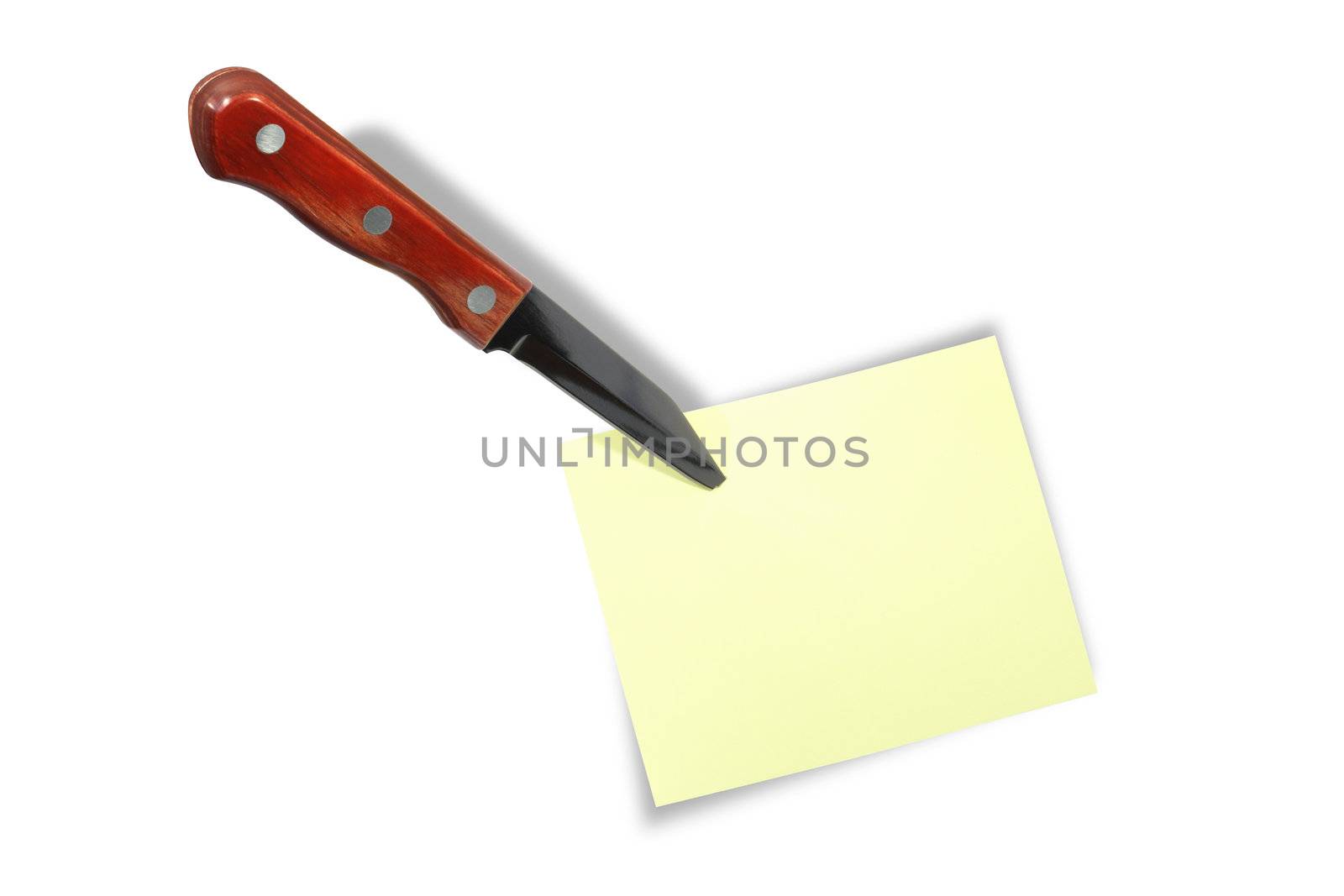 Yellow paper for your messages attach with knife. Isolated on white background with clipping path