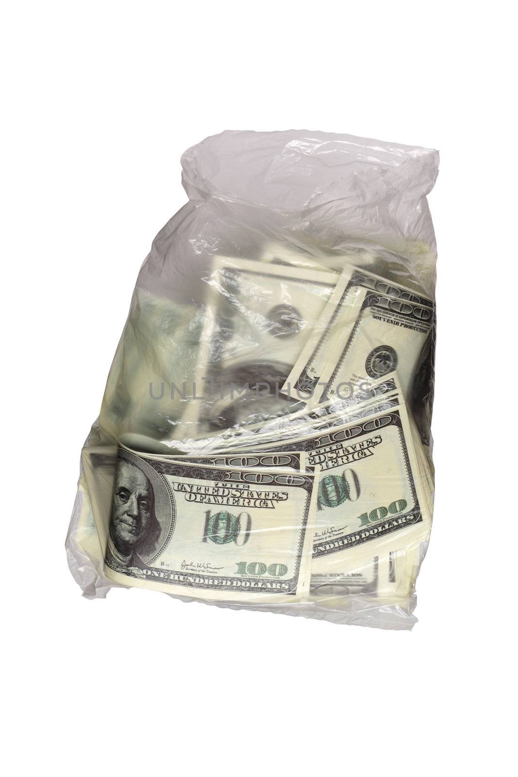 Money inside transparent plastic bag isolated on white with clipping path
