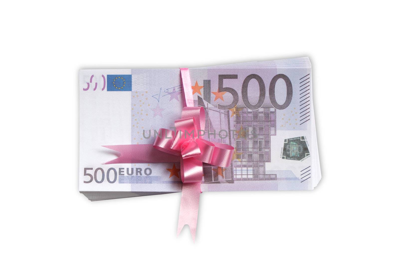 Bundle of Five hundred Euro banknotes with pink bow. Isolated on white with clipping path