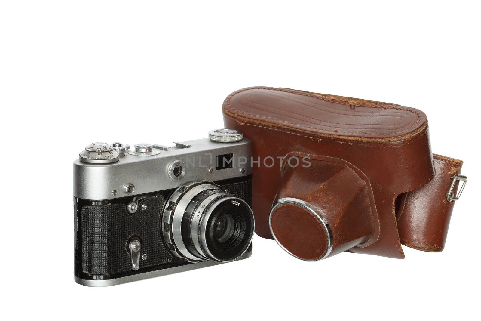 Old film manual photo camera and leather case isolated on white with clipping path