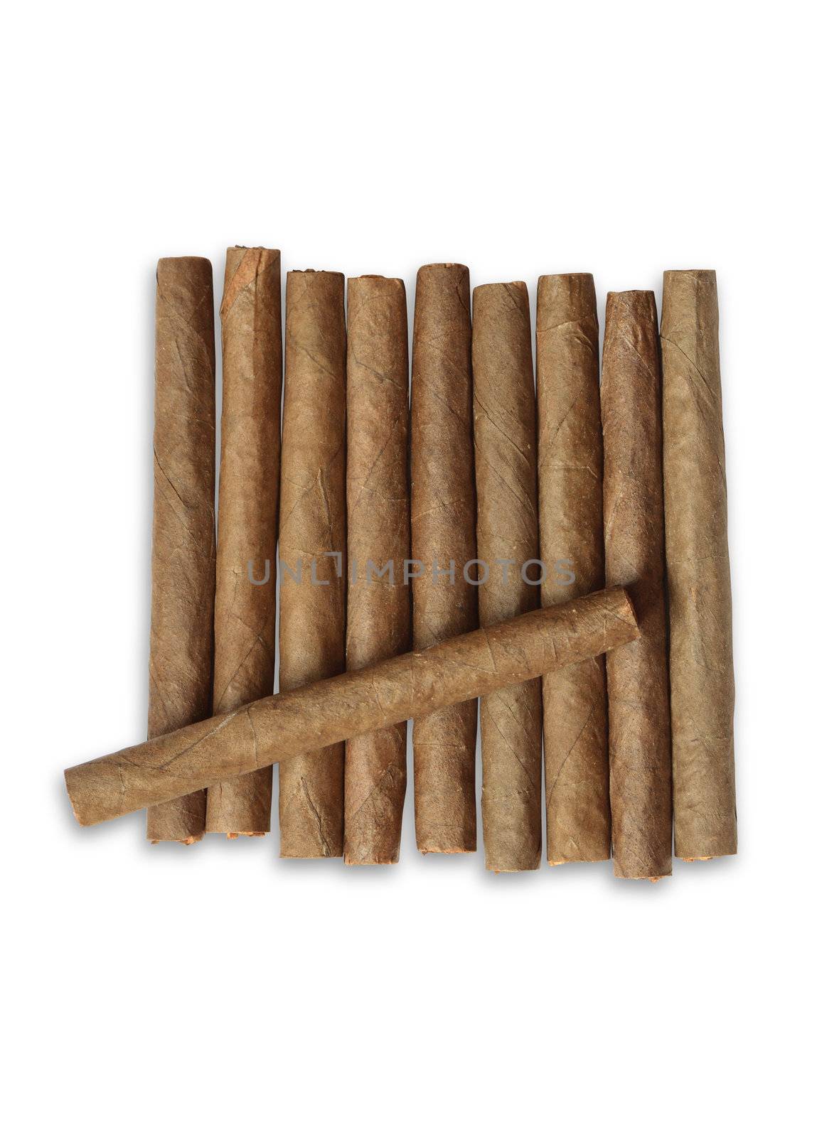 Closeup of cigarillos row on white background isolated with clipping path