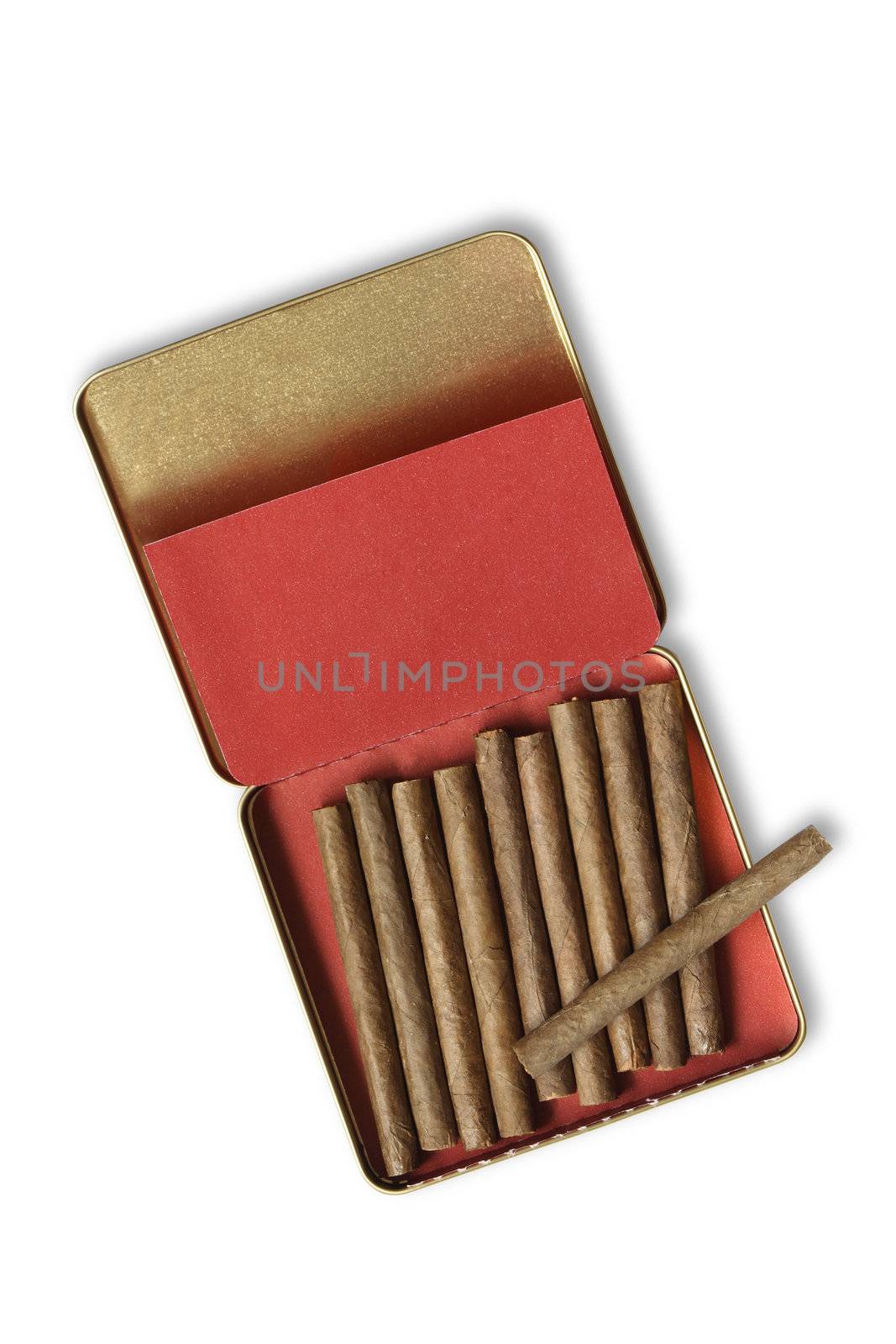 Open metal box of cigarillos isolated on white background with clipping path