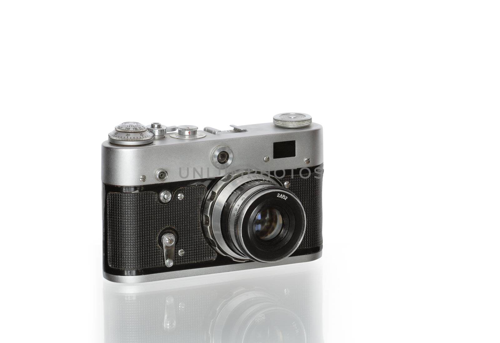 Old film manual photo camera isolated on white with clipping path