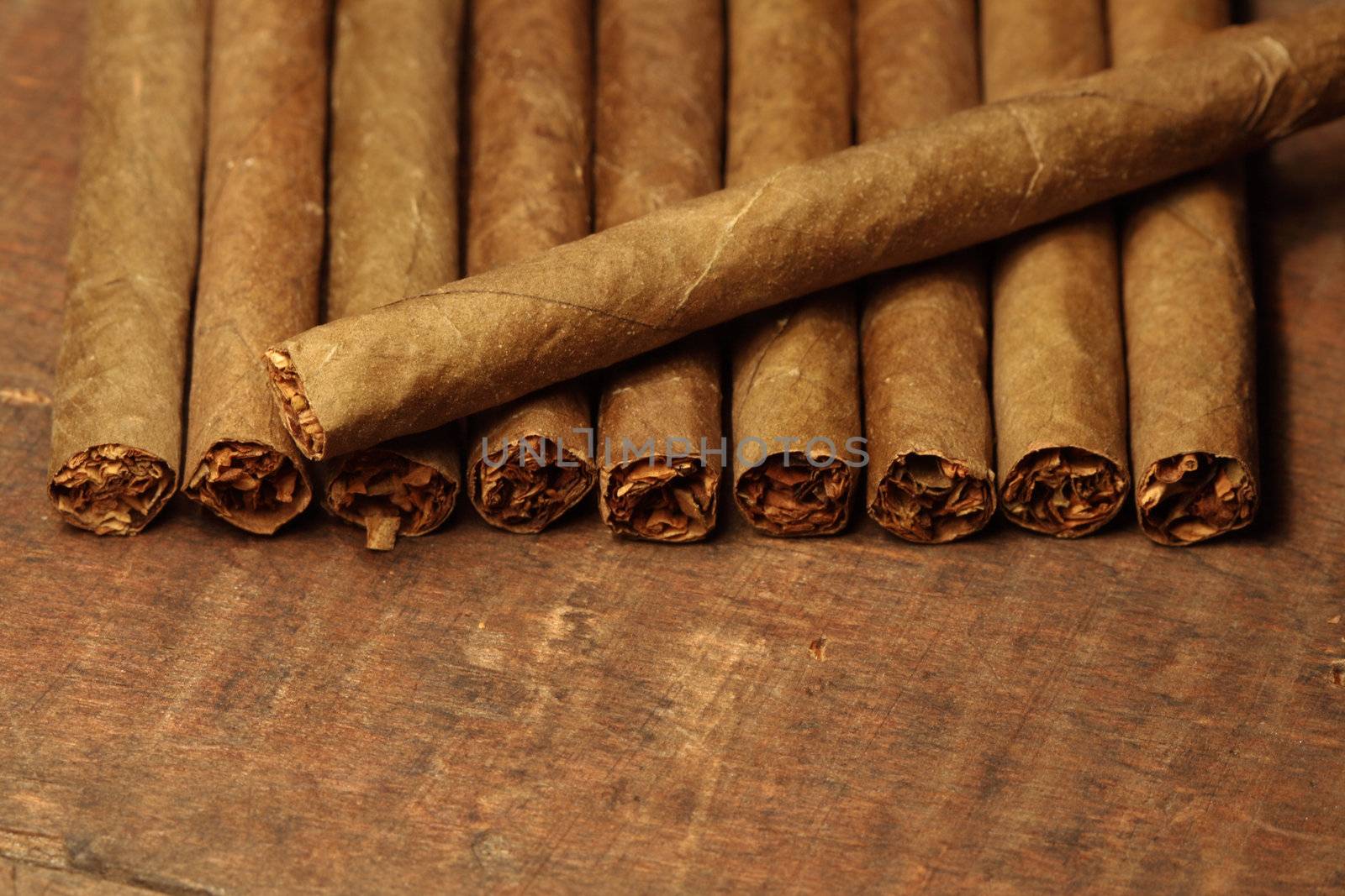 Closeup of cigar's row on wooden background