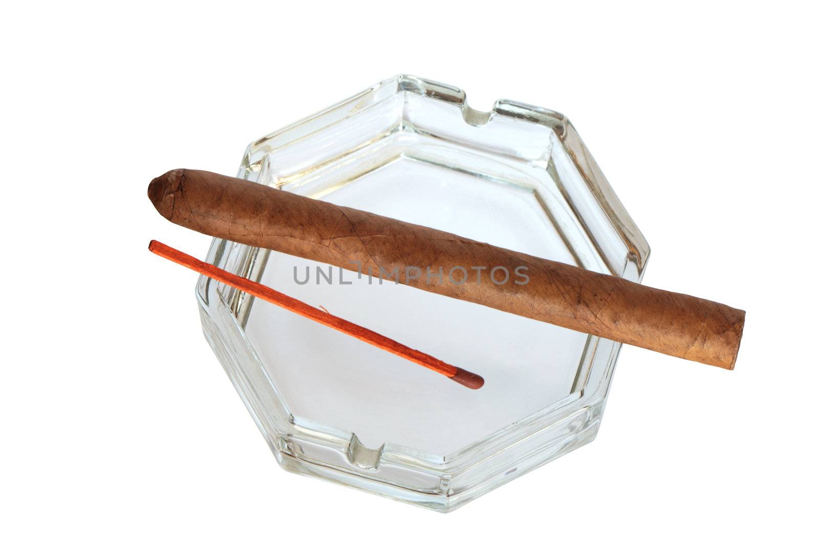 Glass ash-tray with cuban cigar and long wooden match isolated on white with clipping path