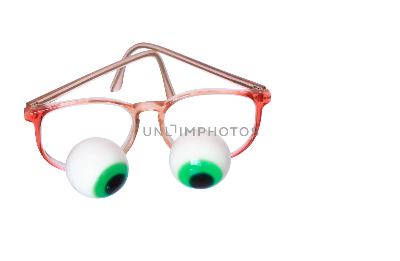 Funny composition with two big toy eyes and spectacles. Isolated on white with clipping path