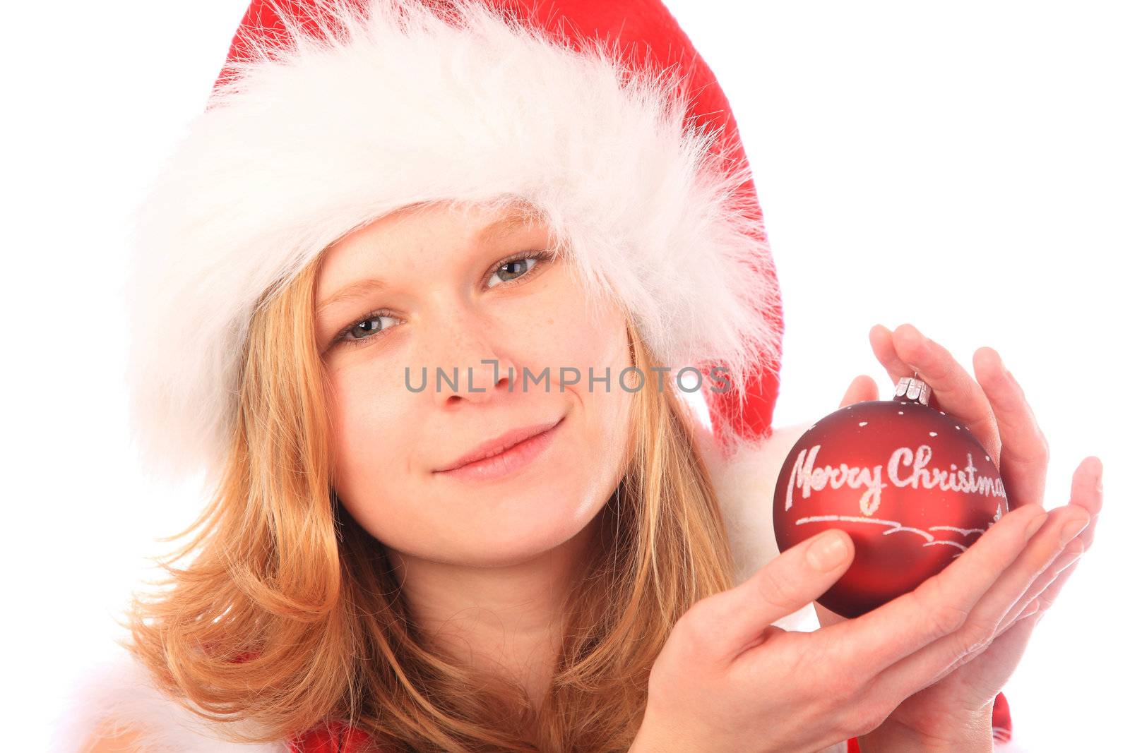 Miss Santa is Holding a Red Christmas Tree Ball by PixBox