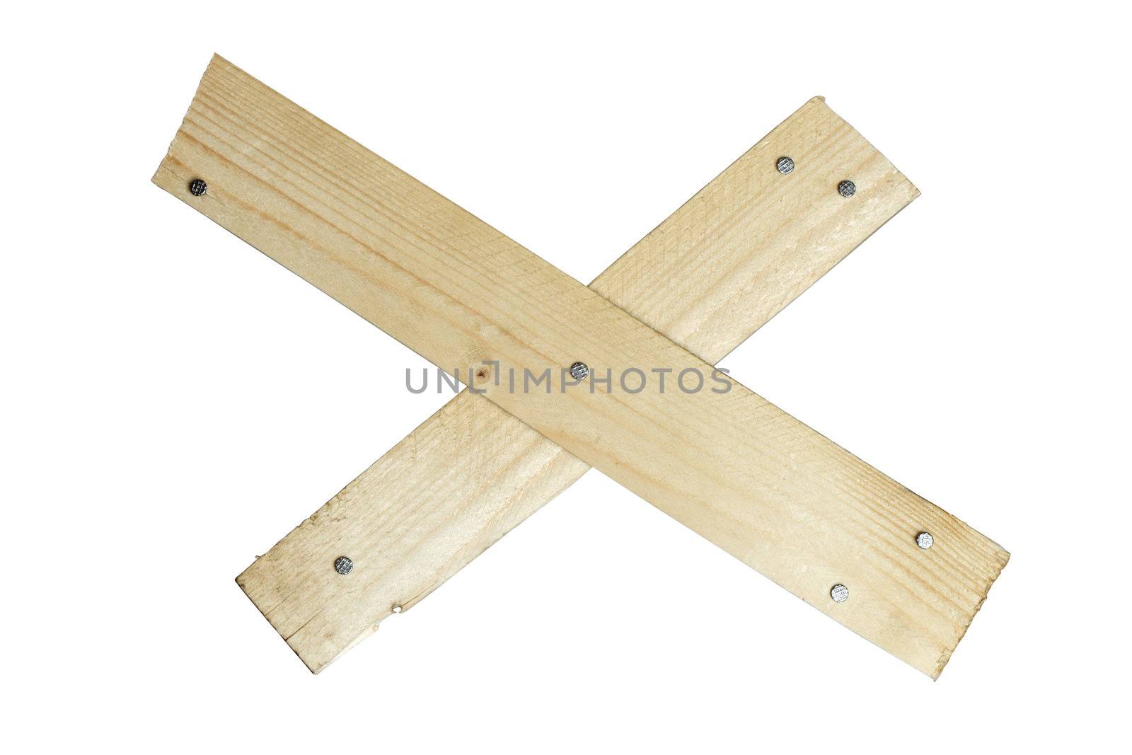 Two wooden crossing planks with nails isolated on white with clipping path