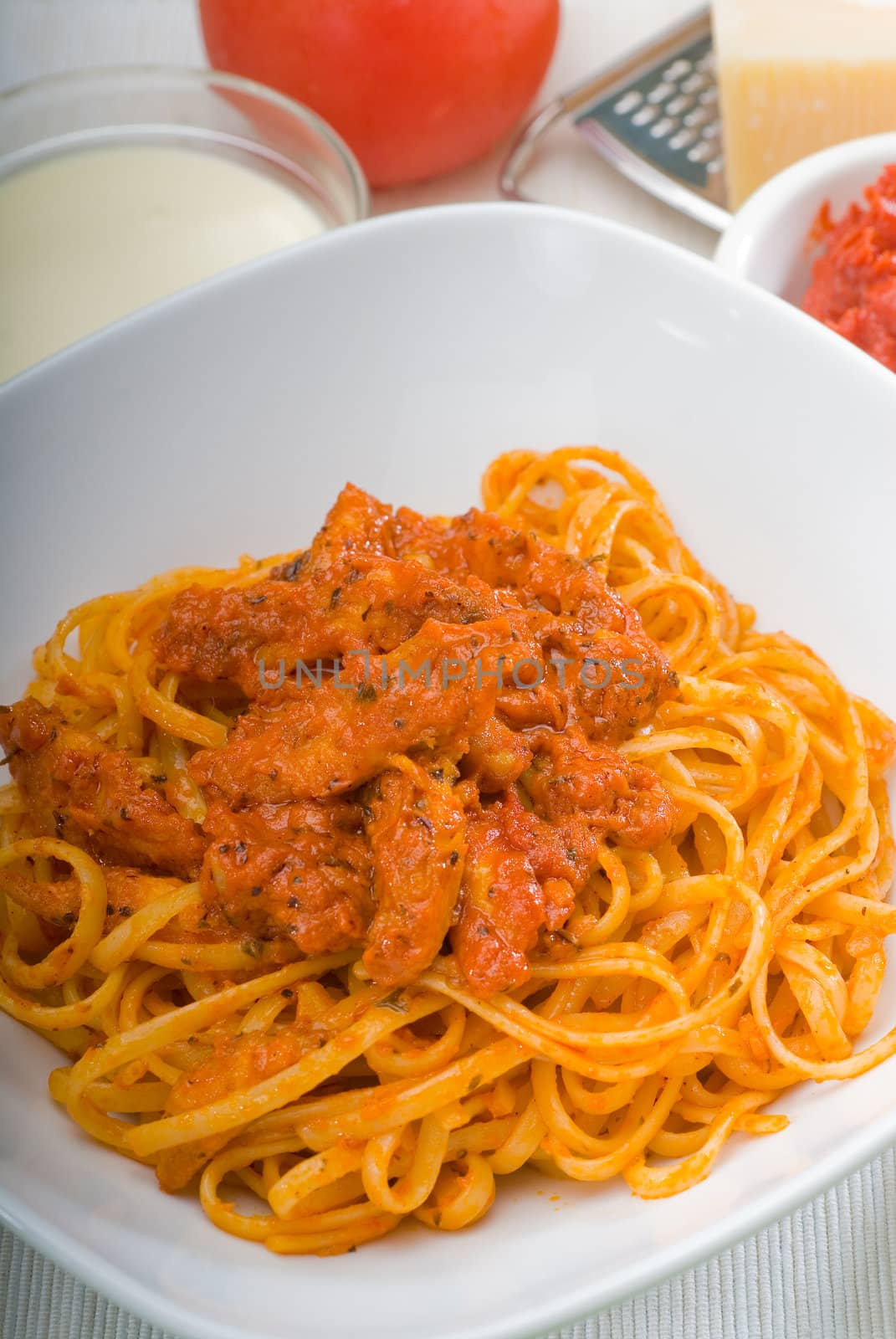 italian spaghetti pasta with fresh homemade tomato and chicken sauce