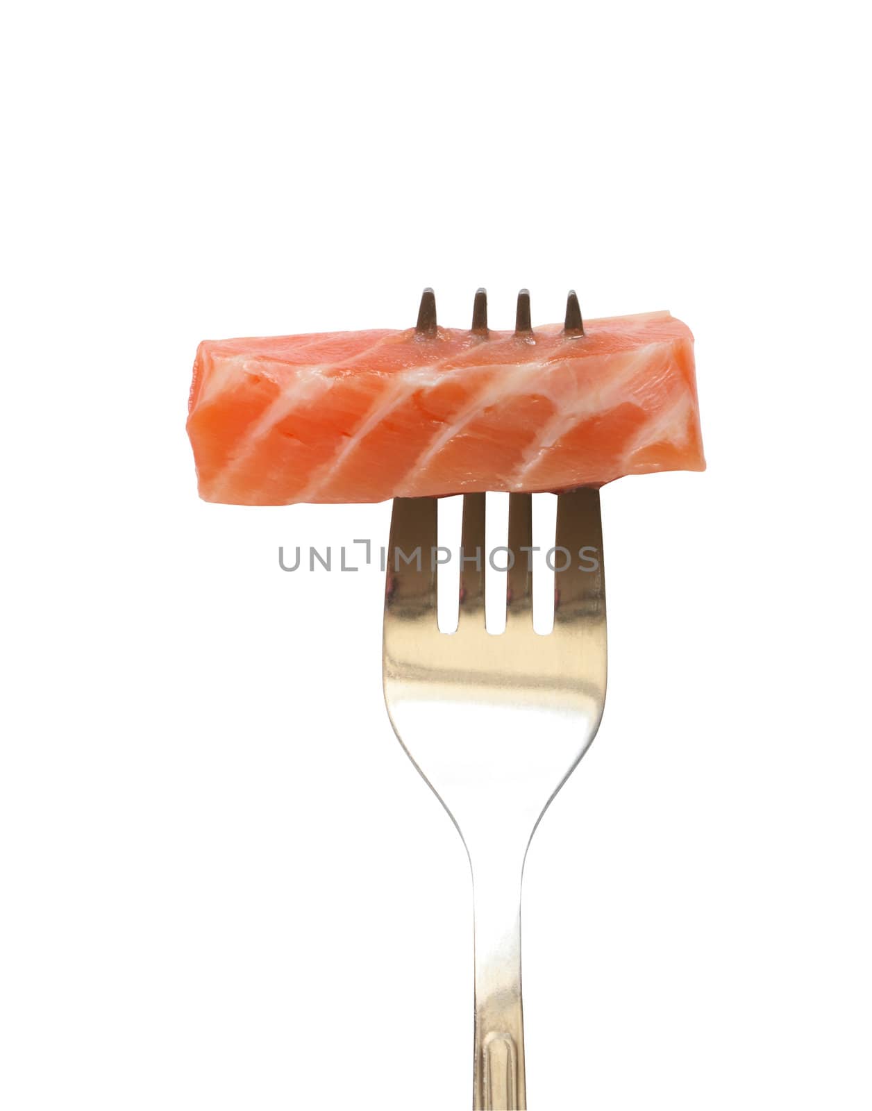 Steel fork with slice of salmon isolated on white background