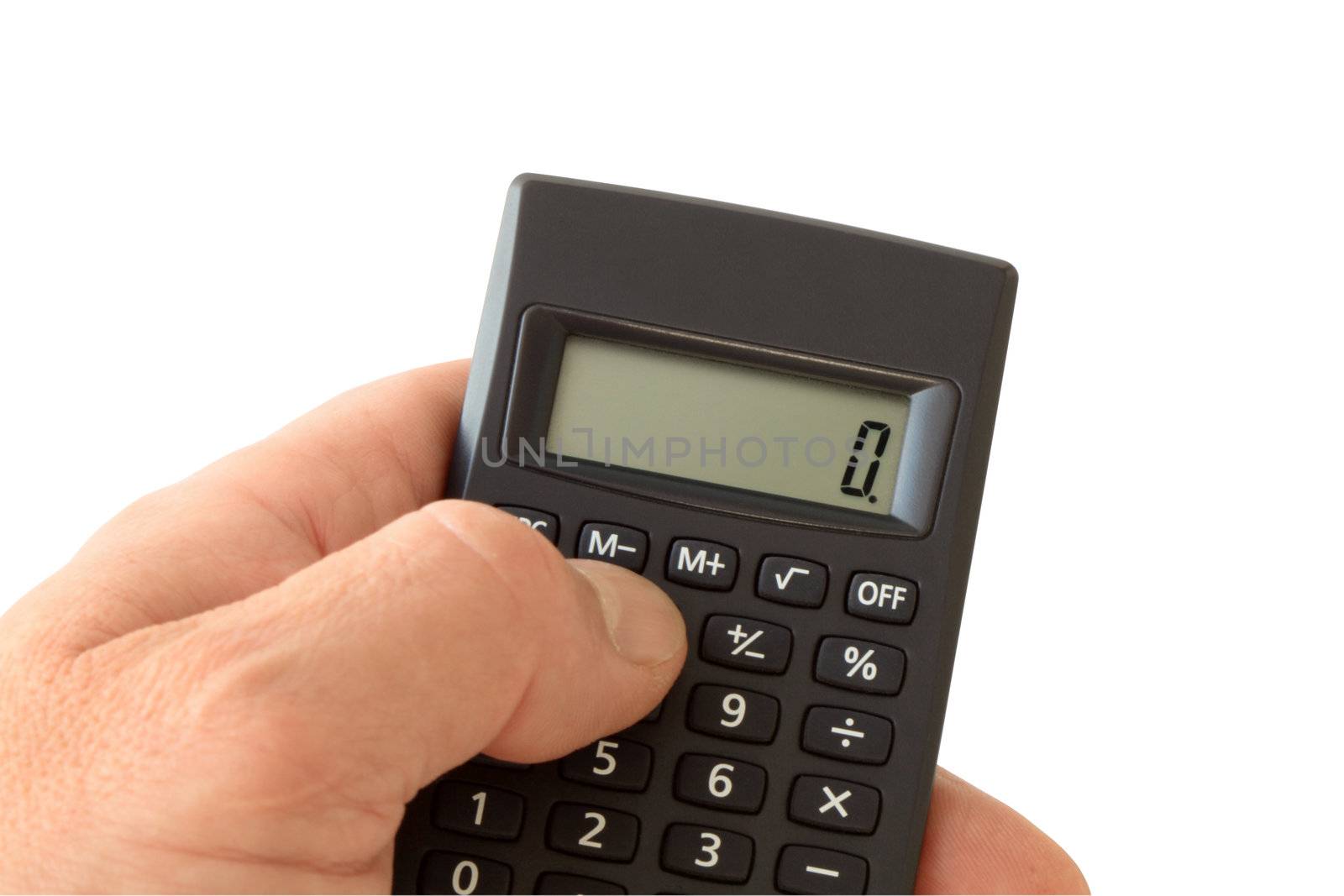 Close-up of hand with a calculator isolated on white background with clipping path