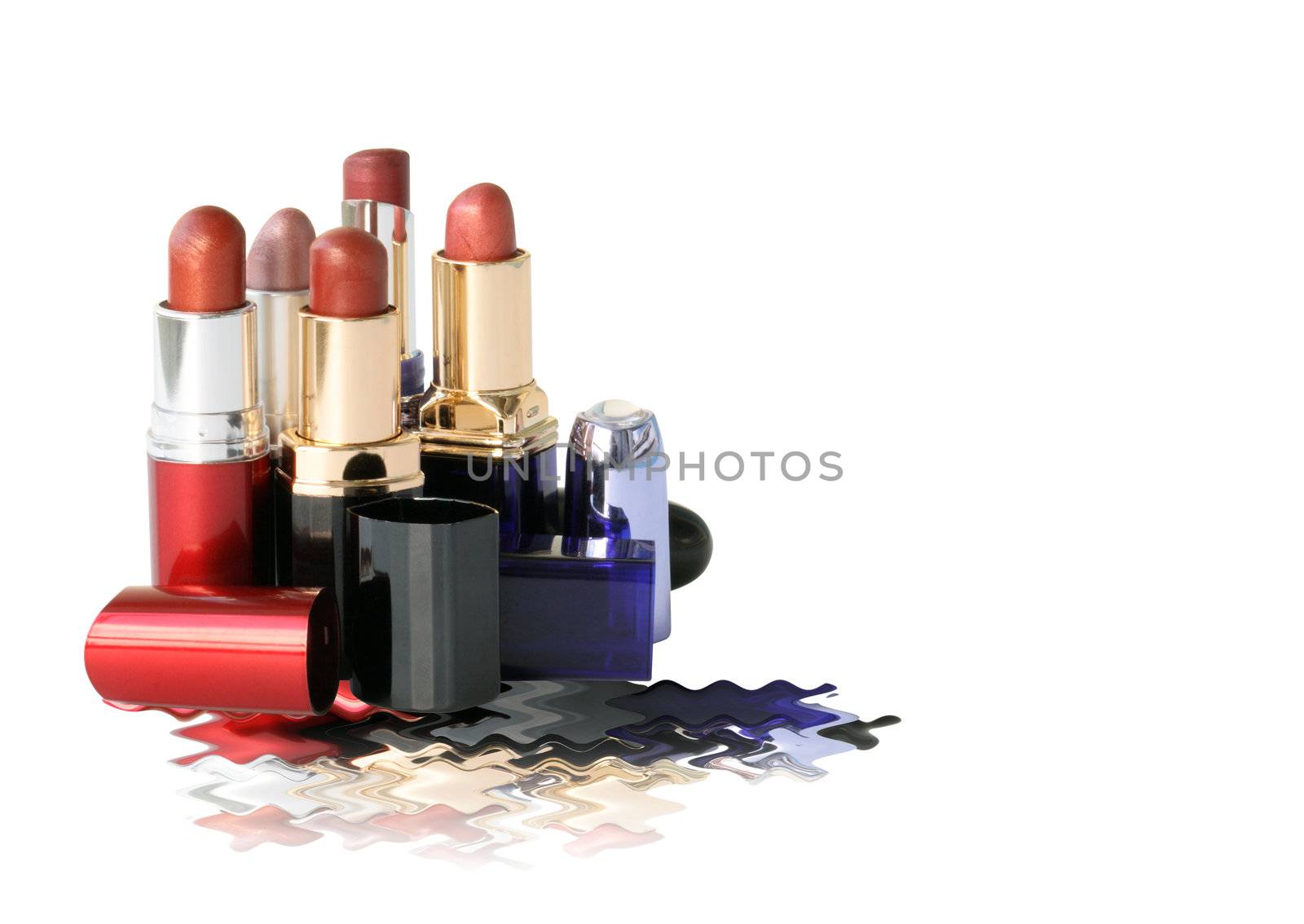 Closeup of various lipsticks on white background isolated with clipping path