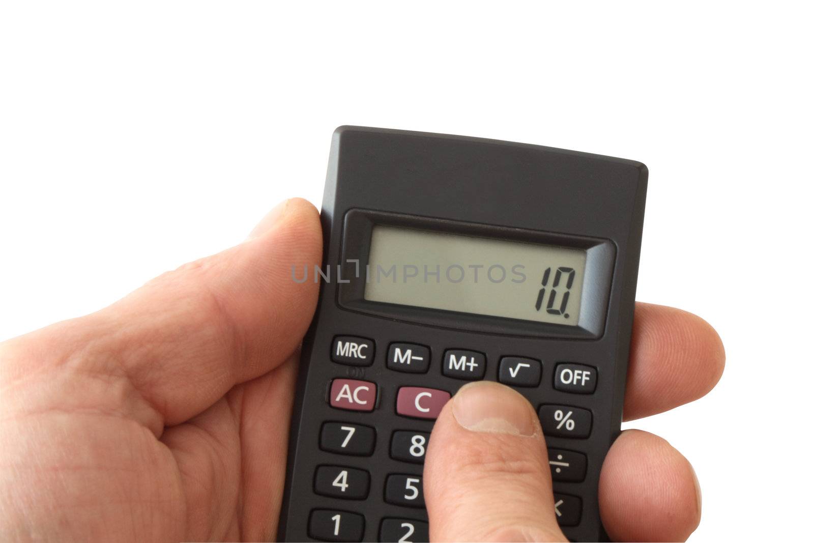 Close-up of hands with a calculator isolated on white background with clipping path