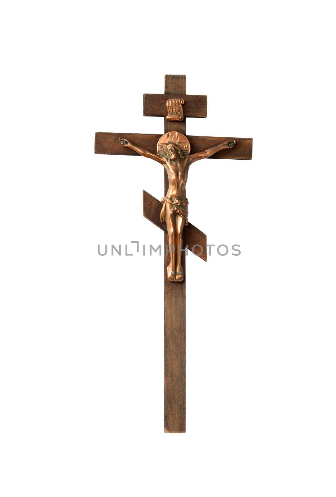 Wooden Crucifix isolated on white background with clipping path