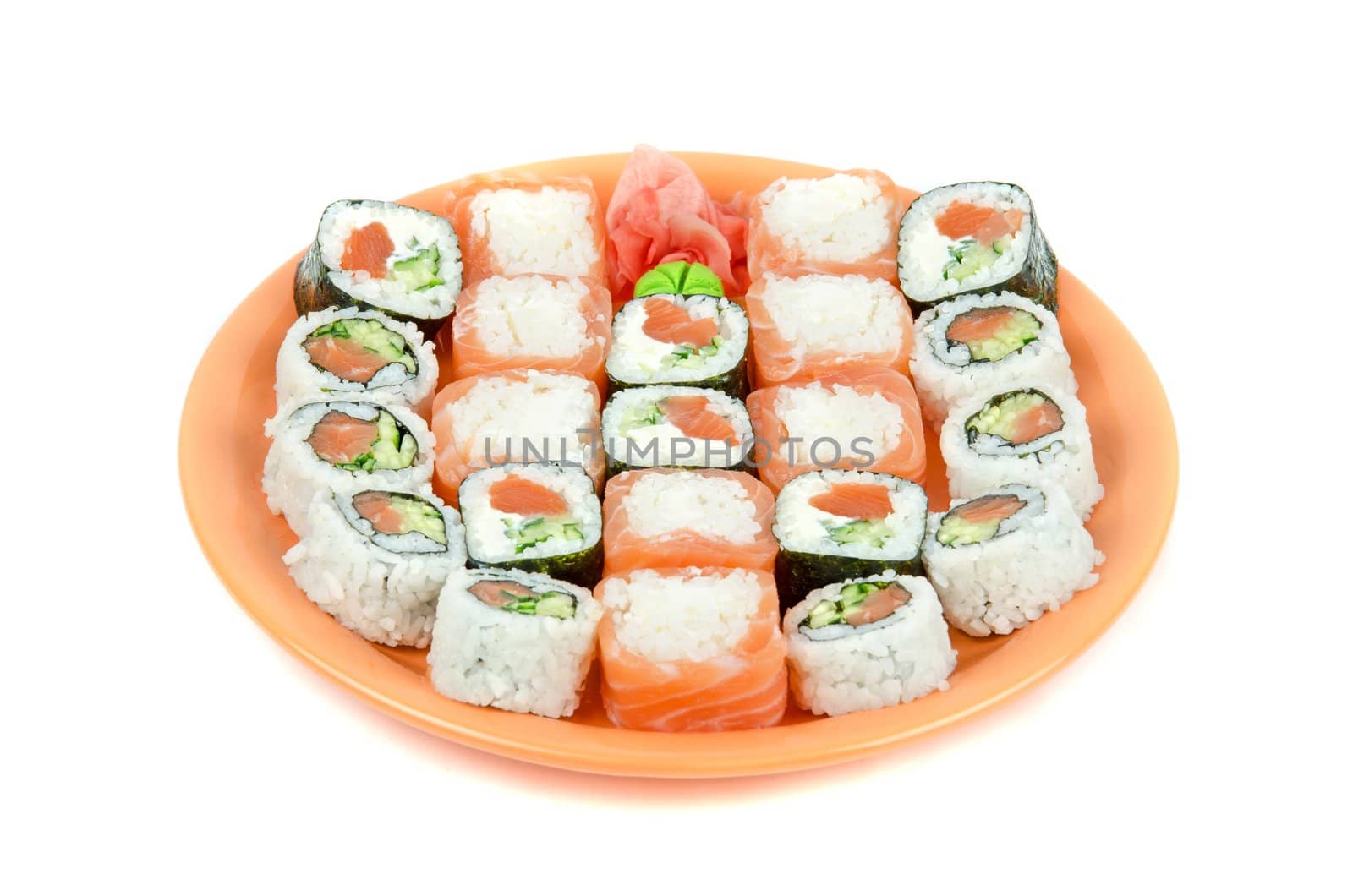 Closeup japanese sushi set at plate on a white