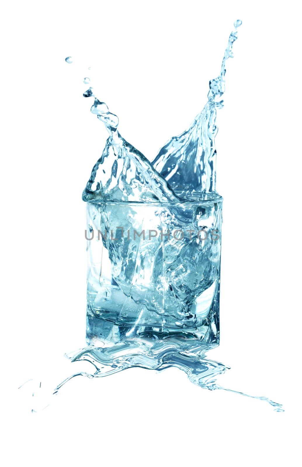 Glass of splashing water isolated on white background with clipping path