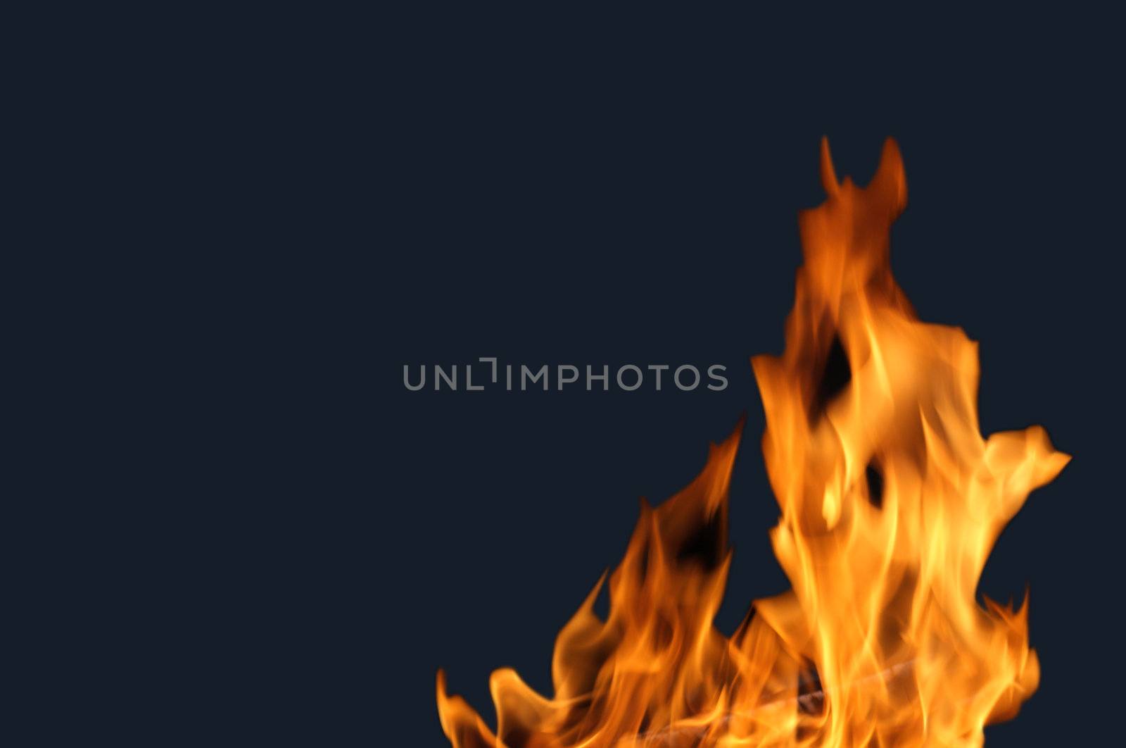 Single fire flame isolated on black background with copy space