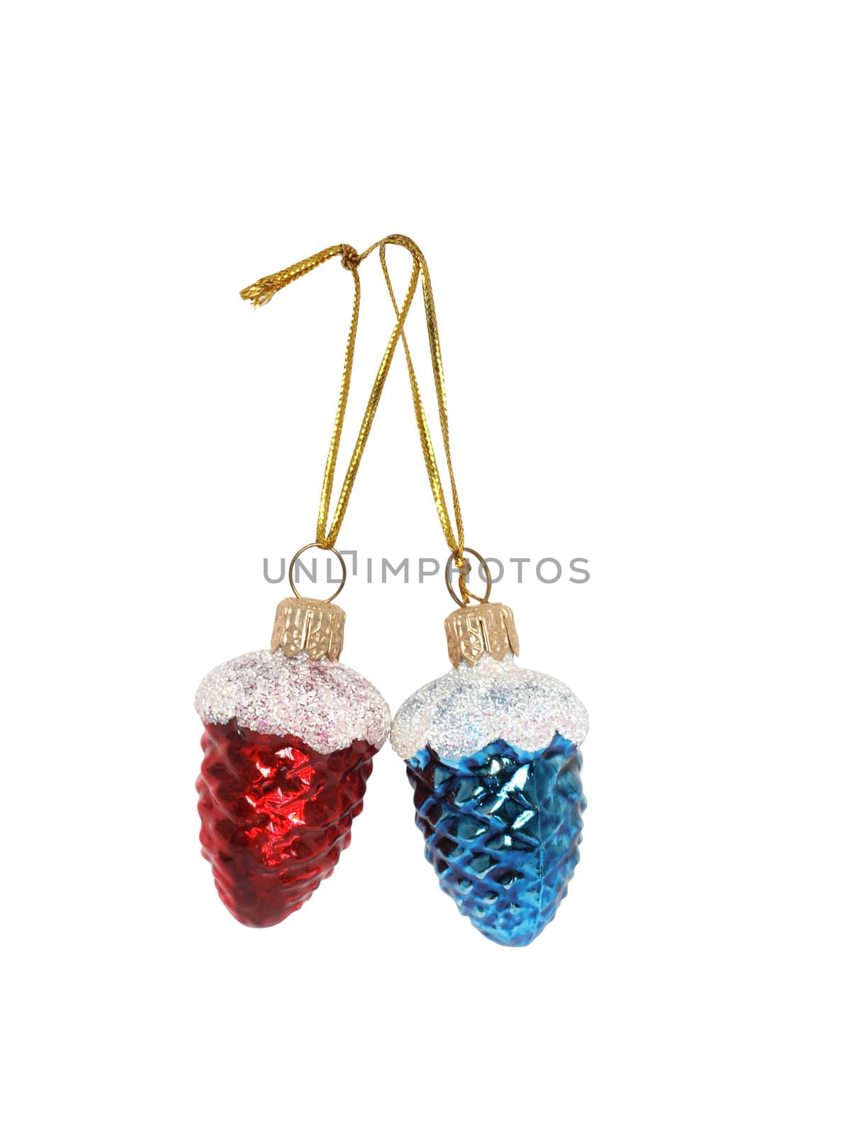 Two Christmas ball like a fir cones hanging on white background. Object with clipping path