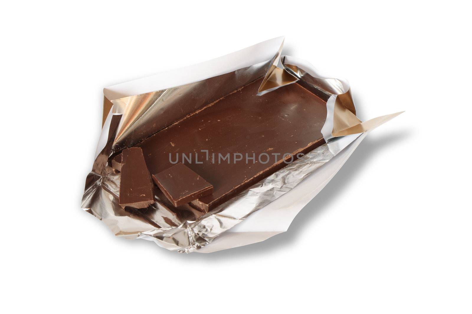 Chocolate bar in open cover isolated on white background with clipping path