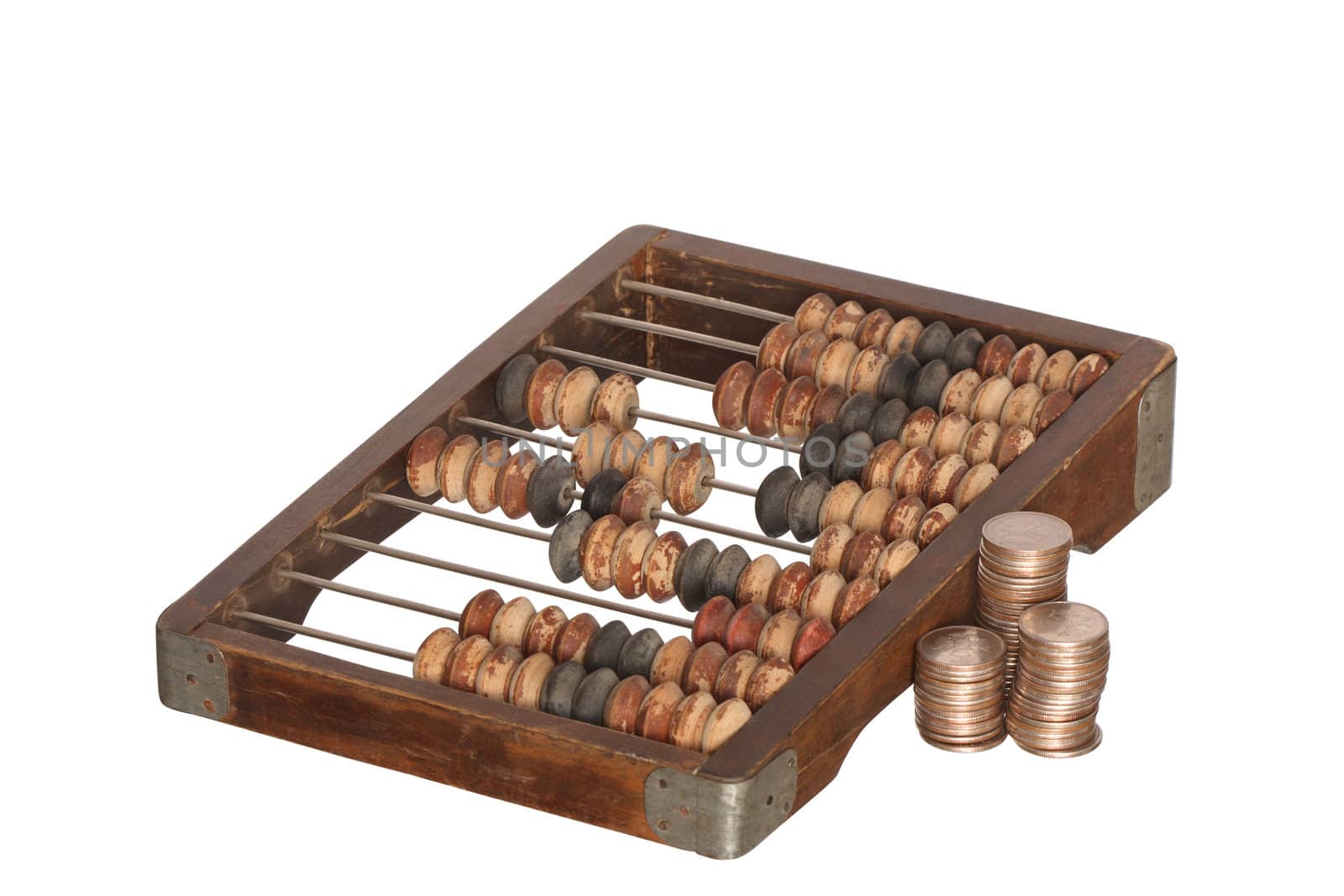 Old wooden abacus and coins isolated on white background with clipping path