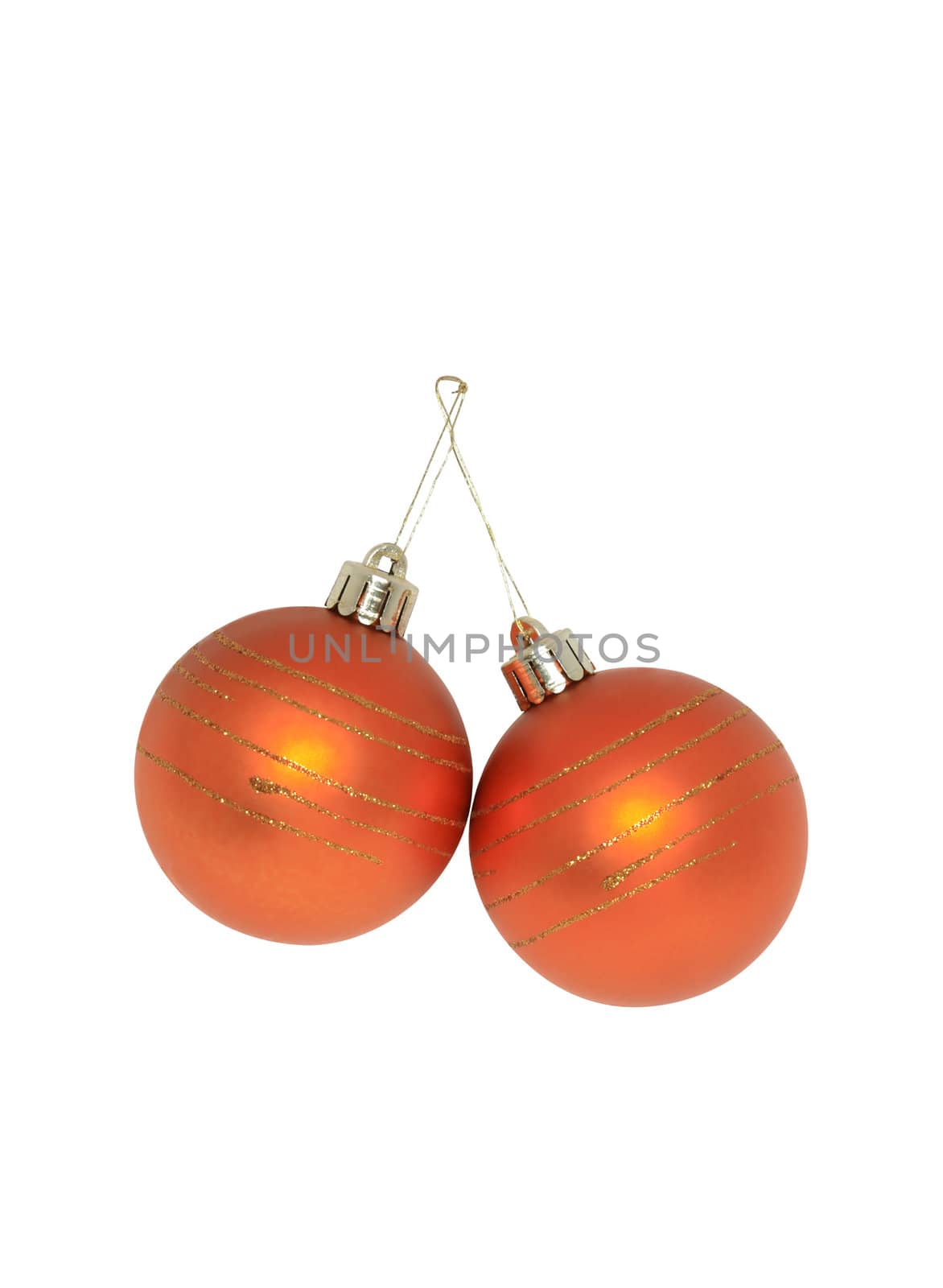 Two ginger Christmas balls hanging on white background. Object with clipping path