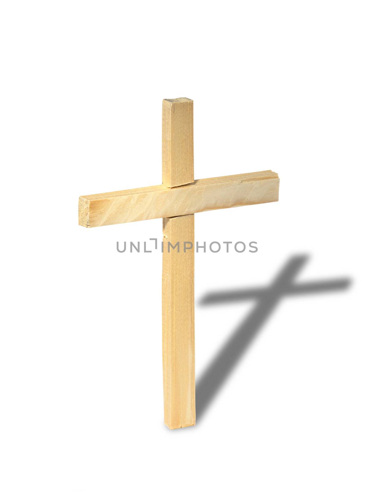 Single wooden cross standing on white background. Isolated with clipping path