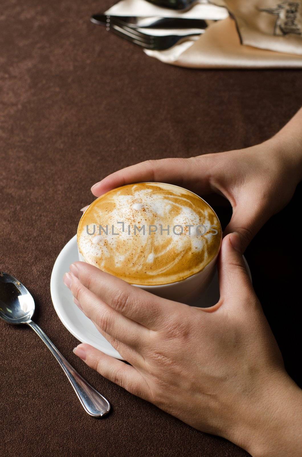 Closeup of female hands holding cup of Cappuccino