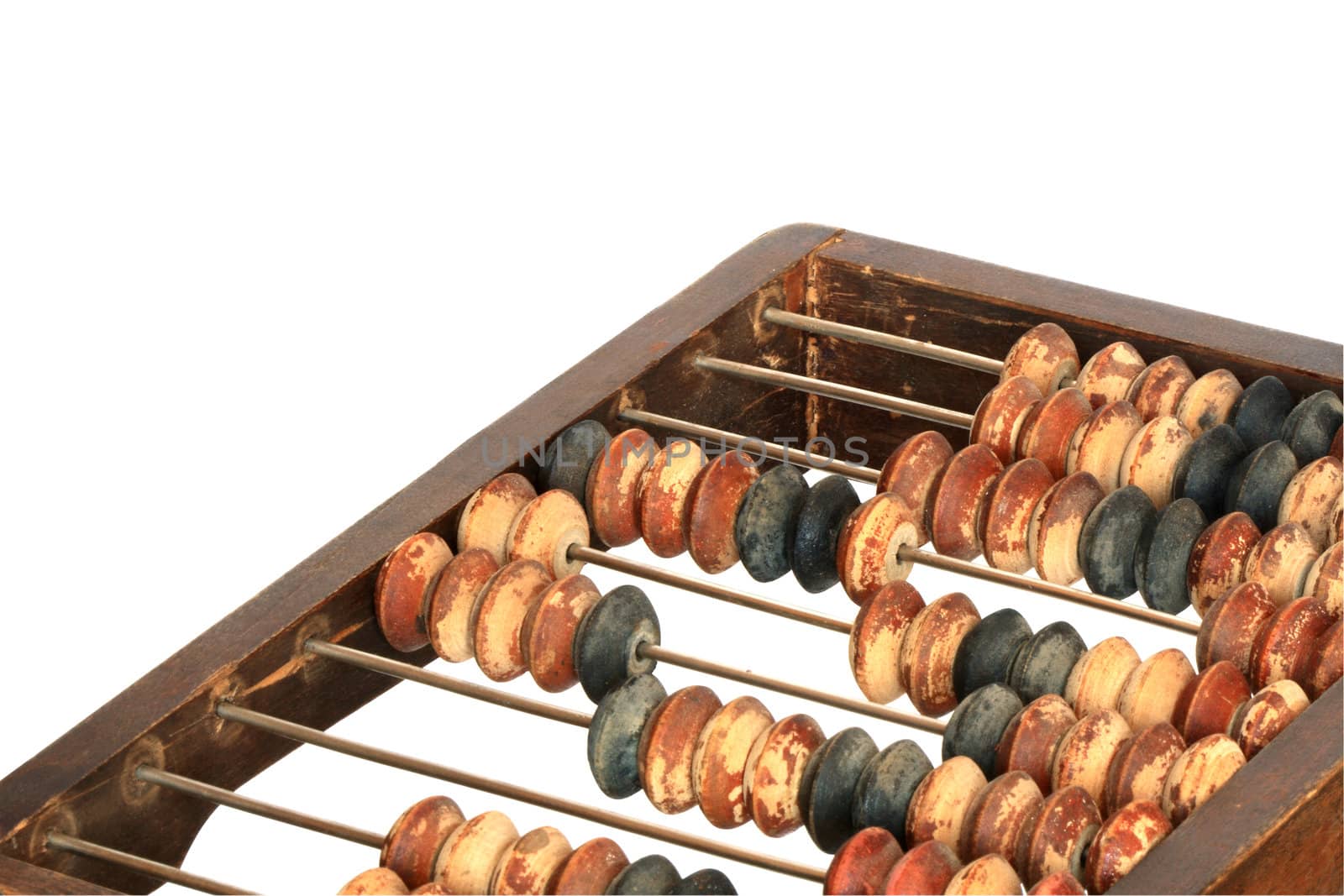 Old wooden abacus isolated on white background with clipping path. Closeup