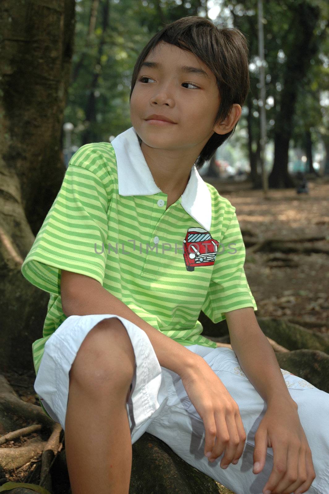 photograph of little asian boy sit down in park